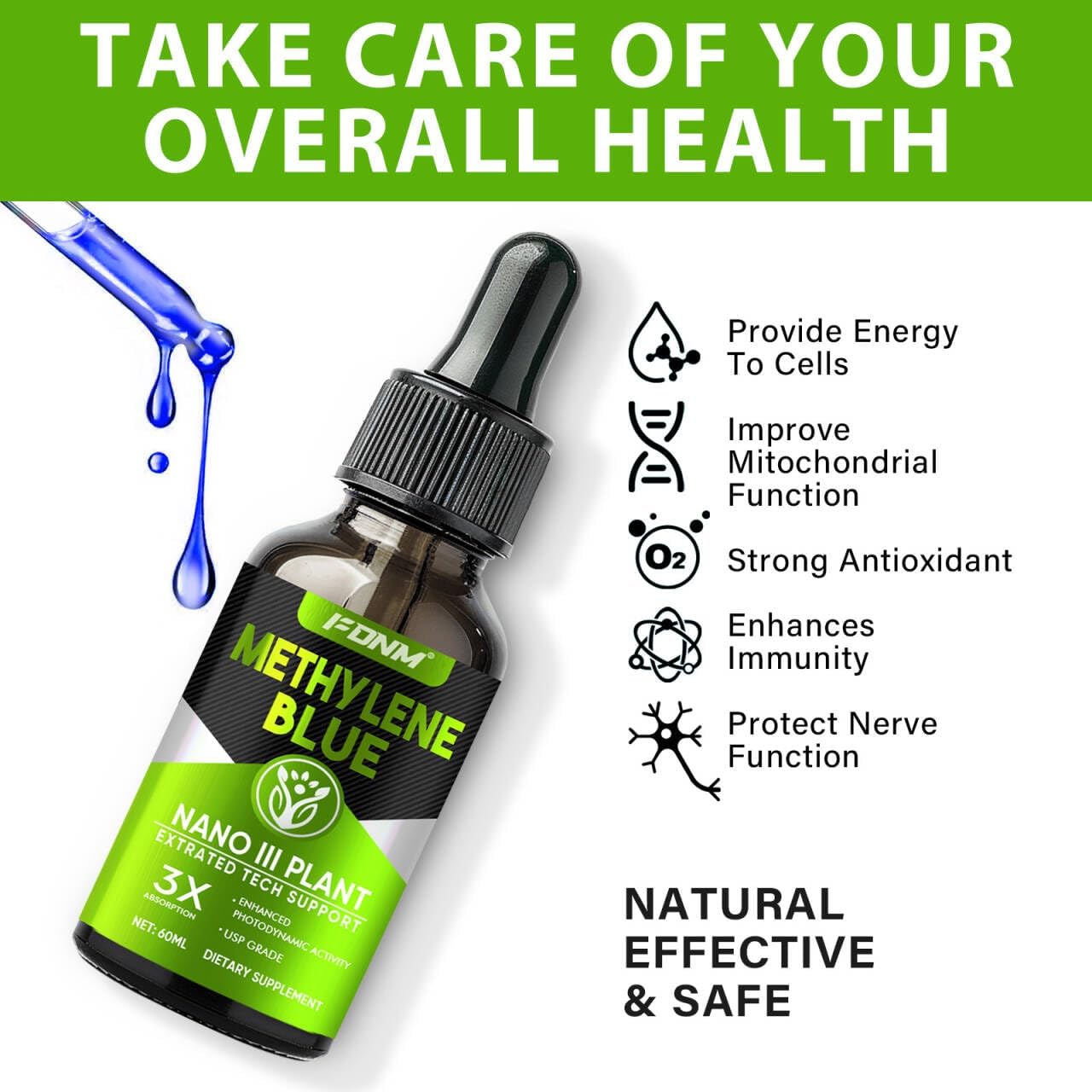 Methylene Blue Drops, 2 Fl oz Methylene Blue Pharmaceutical Grade, Supports Brain Health, Focus, High-Purity Liquid & Absorption, Precise Liquid Dropper, No Formaldehyde & GMO - Image 4