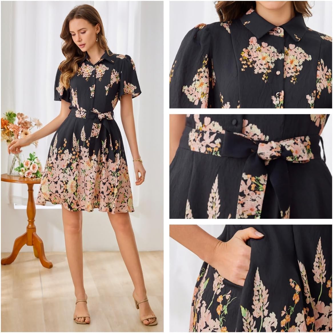 Women Long Sleeve Spring Button Down A-Line Floral Print Summer Cocktail Shirt Dresses with Belt