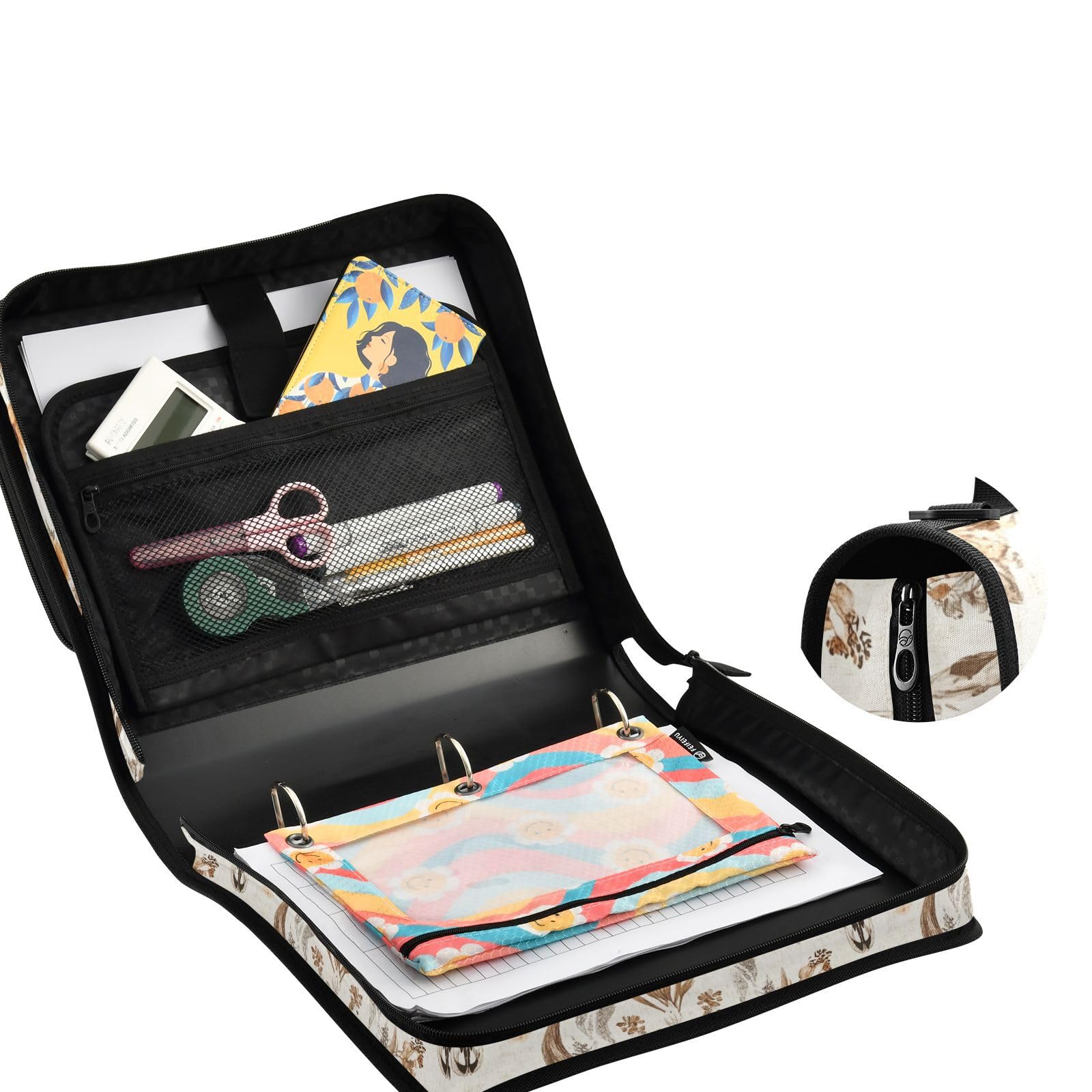 Western Boho Kuh Schädel Blume Reißverschluss Ordner mit Schultergurt Tasche 3 Ring Binder Organizer Große Kapazität Mehrere Fächer für Schule Büro