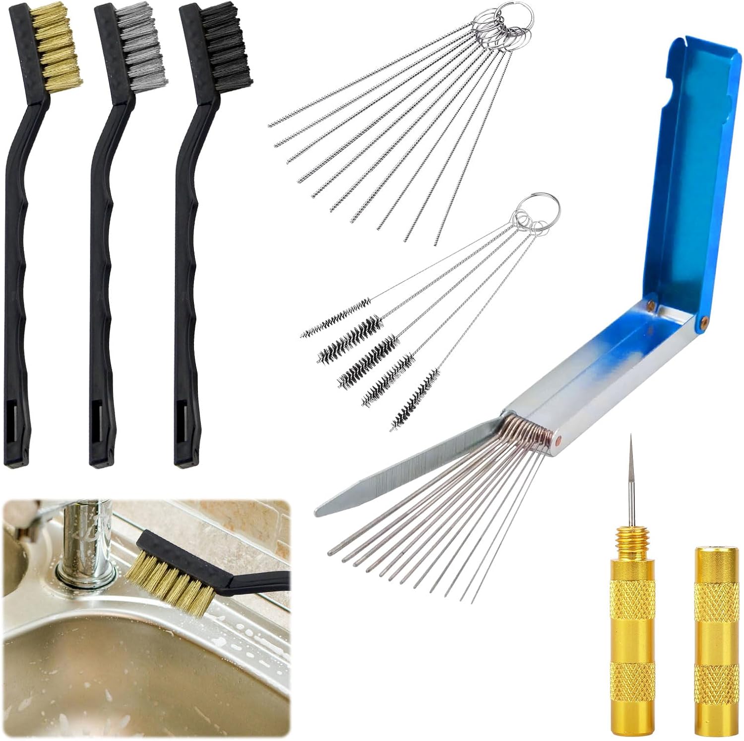 Carburetor Cleaner Set,Carb Cleaner Spray Kit,13 Cleaning Wires Set,10 Carb Cleaning Needles,5 Nylon Brushes Tool Kit,1 Sharp Pick Carburettor Jet Cleaning Tool,3 Mini Brushes,Carburettor Cleaner
