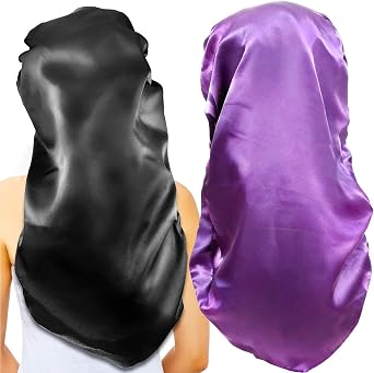 2Pcs Long Satin Bonnet Sleep Cap,Extra Large Braids Bonnets for Sleeping,Long Hair,Soft&Comfortable Elastic Band Bonnets for Women Night Sleep,Hair Bonnets for Women Satin Black+Leopard