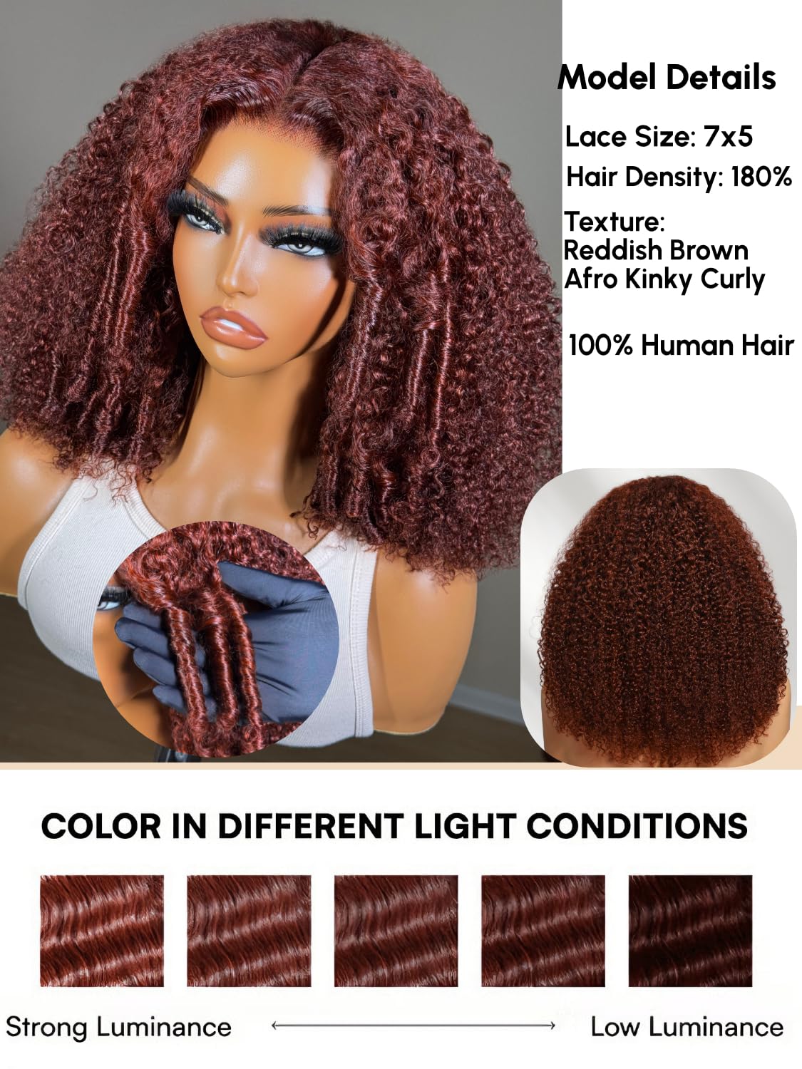 Julia Hair Burmese Curly Human Hair Glueless Drawstring Wig 180% Density Reddish Brown Afro Kinky Curly, Fluffy Layer Finger Coil Ends 7X5 Bye Bye Knots HD Lace Front Wigs No Slip Ready to Wear 16Inch