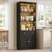 Cyclysio 80" Tall Pantry Cabinet with Motion Sensor LED Lights, Kitchen Storage Cabinet for Coffee Bar and Dining Room, Tall Bookshelf with 3.15" Baseboard Cutout, Drawer and Cupboard, Black