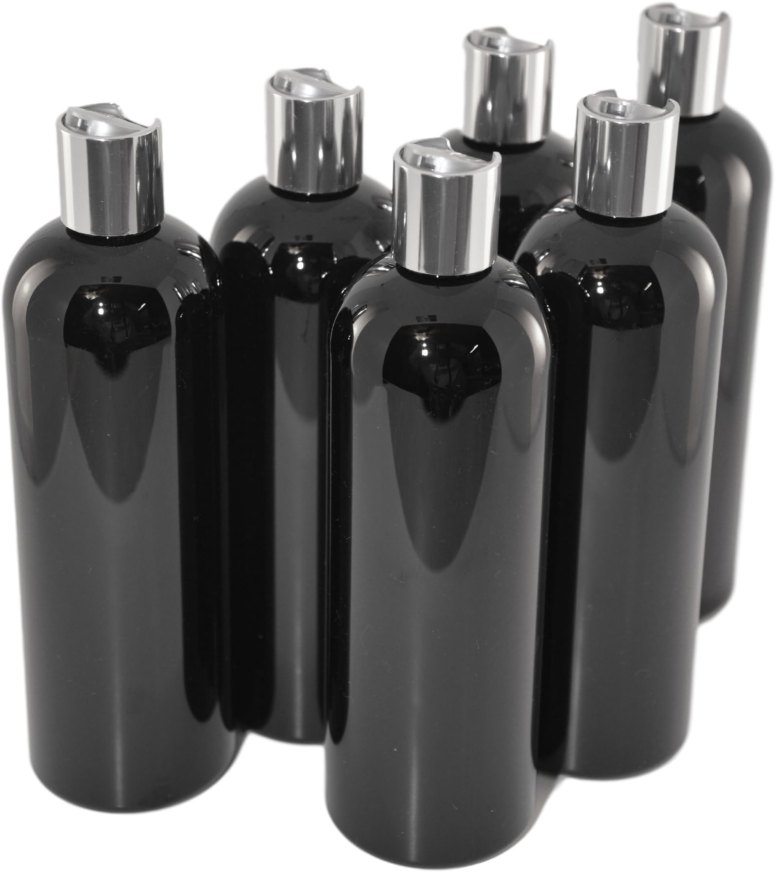 KnDdeals4You (6 pack) 16 oz Plastic Bottles, Black PET Cosmo Rounds with Commercial Quality Silver Disc Top Caps Refillable for Lotions, Shampoos, Conditioners, Body Washes, for Home Made Oils
