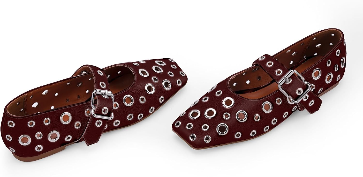 Women's Ballet Flats Studded Metal Eyelet Buckle Perforated Mary Jane Shoes