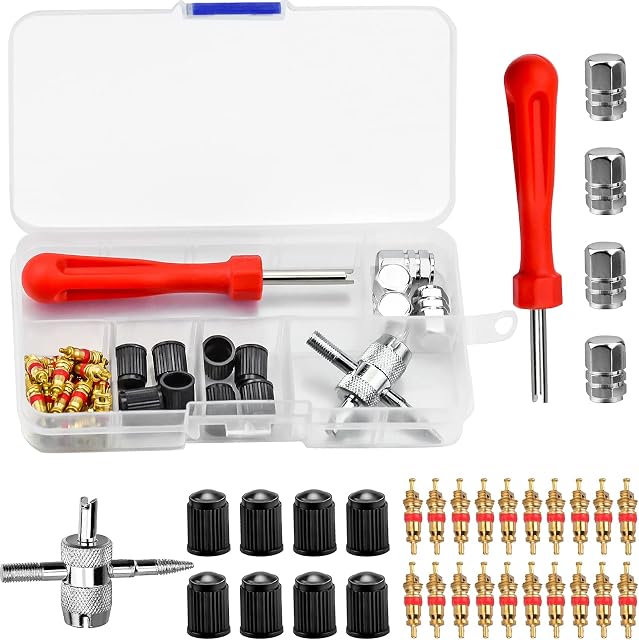 LUOCAI 34Pcs Tyre Valve Core Remover Valve Core Remover Tool with Valve Stem Cores, Valve Core Remover, Alloy Valve Cap, Tyre Valve Repair Kit, 4 in 1 Tyre Valve Repair Tool for Bicycle, Car