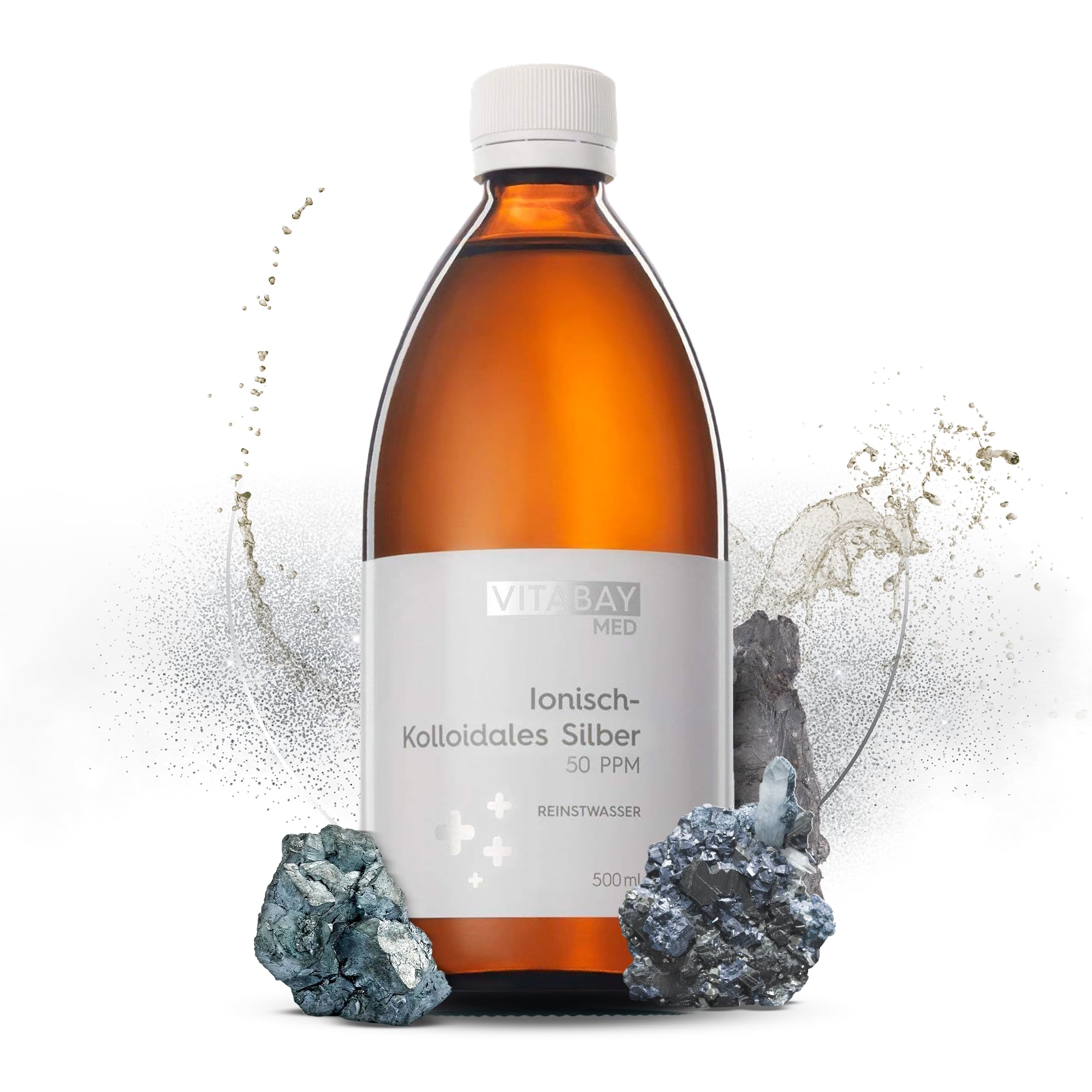 Vitabay Kolloidales Silber 50 PPM – 500 ml – 99,99% Reinstsilber ionisch-kolloidal – im Elektrolyseverfahren hergestellt – frei von Zusätzen – phthalatfreie Braunglasflasche – laborgeprüft in DE