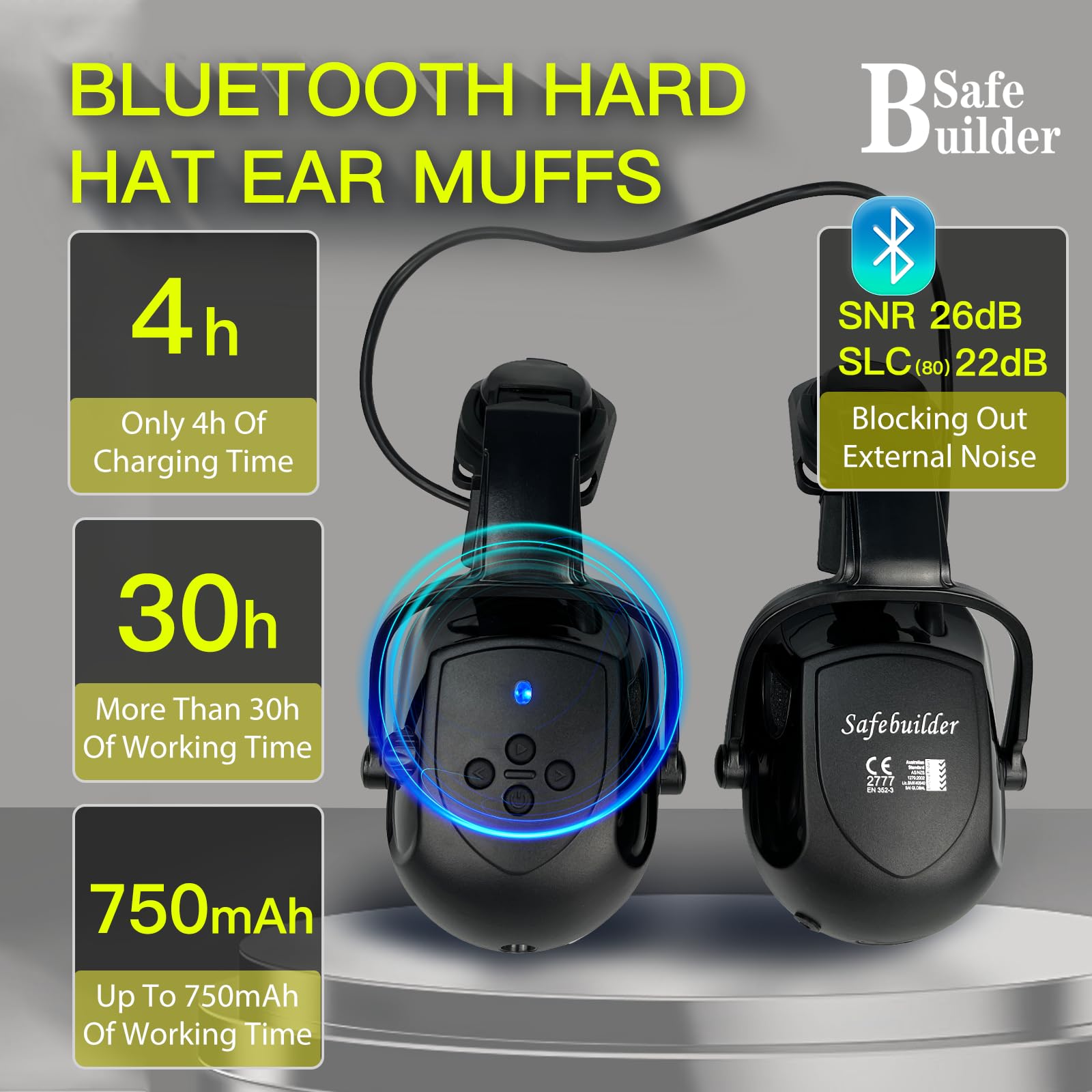 SAFEBUILDER Casco de seguridad con visera Bluetooth SNR 26dB casco duro con viseras montadas, orejeras ventiladas ANSI Z89.1