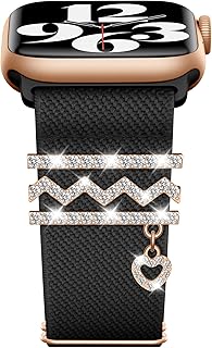 AMANECER Decorative Rings Loop Charms Stretchy Nylon Watchband Compatible with Apple Watch 38mm 40mm 41mm 42mm 44mm 45mm 49mm, Diamond Metal Accessories Slide Adjustable Braided Elastic Sport Rugged