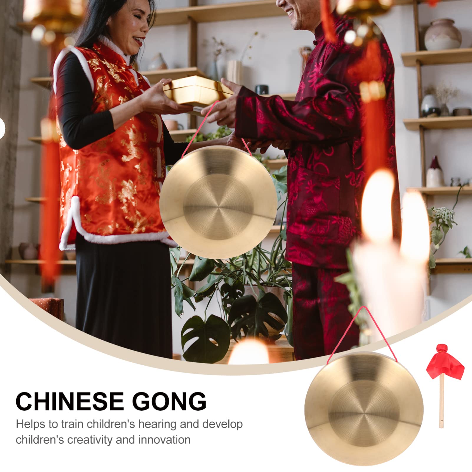 Generic Gong Cinese in Rame, con Bacchetta, Tam Tam Gong, Strumento Musicale e Tradizionale, per Casa e Ufficio, 22X22X1.5CM