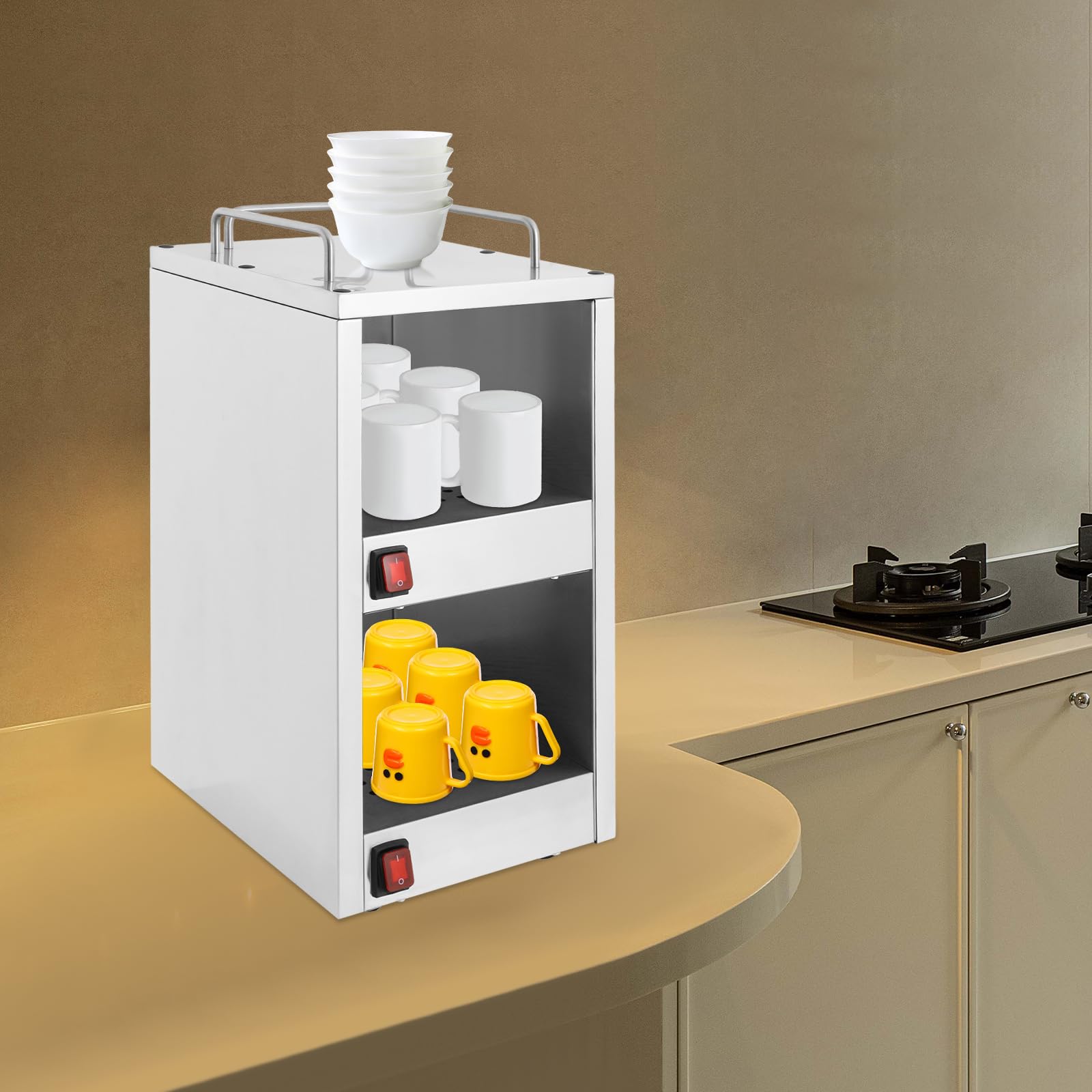 Armadietto riscaldante per tazze, in acciaio inox, 140 W, 220 V, per ristorante, hotel, caffetteria, scalda tazze, con 2 scomparti e isolamento a 75 °C, ideale per tazze e piatti