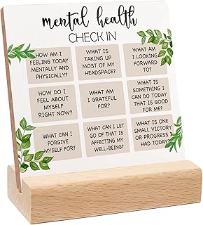 Mental Health Inspirational Gift, Positive Self Affirmations Wooden Sign, Mental Health Check in Wood Sign with Wooden Stand, Cheer Up Gifts for Psychologist School Counselor Student Boy Girl