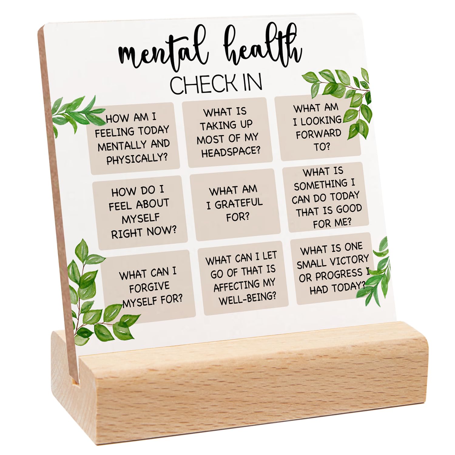 Mental Health Inspirational Gift, Positive Self Affirmations Wooden Sign, Mental Health Check in Wood Sign with Wooden Stand, Cheer Up Gifts for Psychologist School Counselor Student Boy Girl