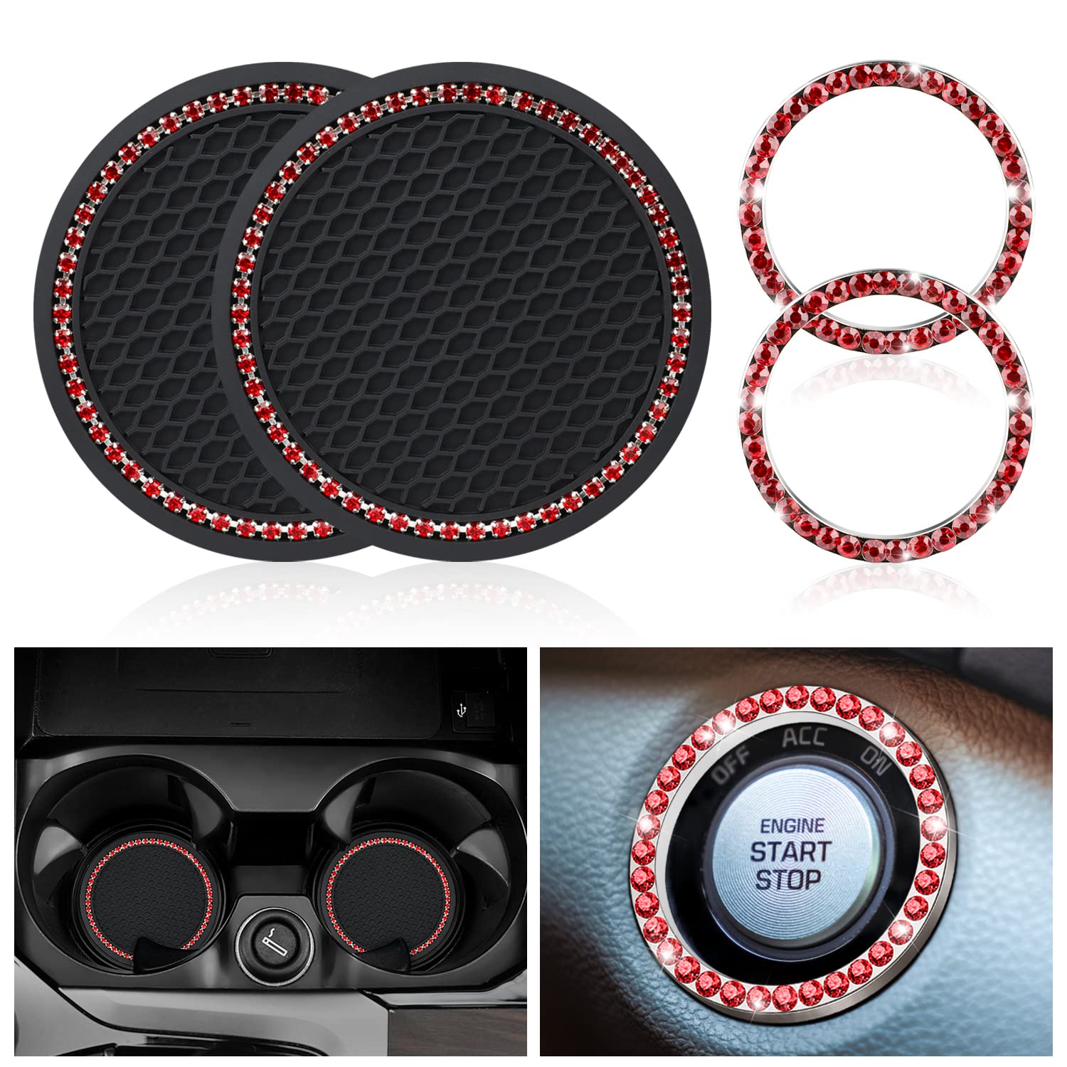 Ouzorp Car Cup Holder Coaster with Push Start Button Bling 4Pcs Bling Crystal Rhinestone Car Interior Accessories red