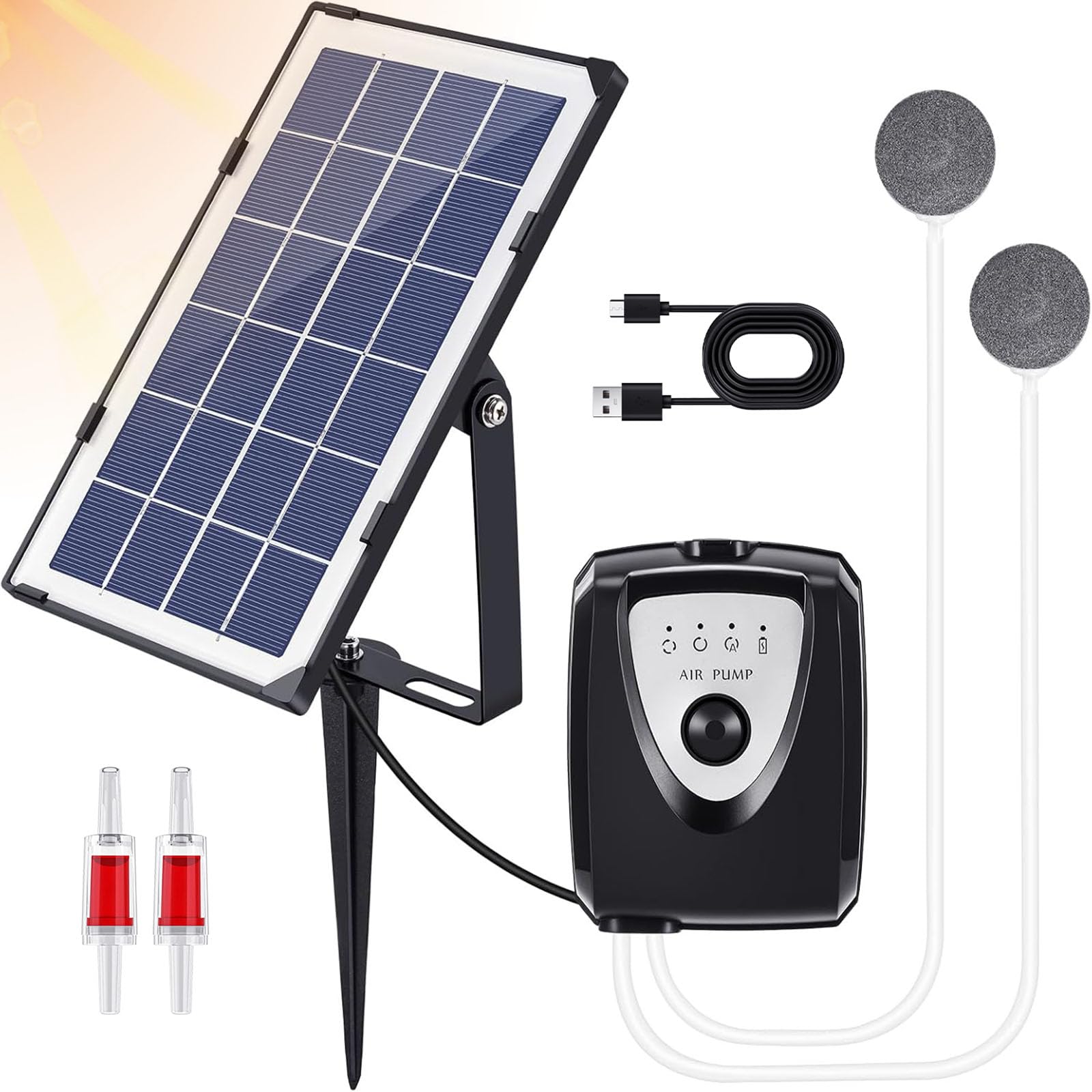 Palmcee Pompe solaire pour étang - Pompe à air solaire portable pour aquarium - 260 mAh - Pompe à oxygène solaire avec tuyau d'oxygène et pierre à bulles d'air pour le jardinage, le bain de colibri,