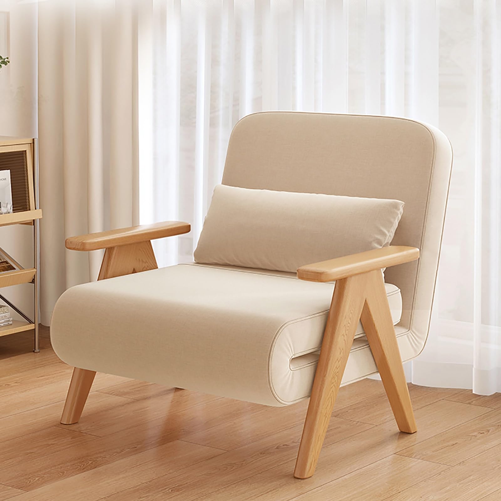 Banquette Convertible 80 cm Canape Convertible Multifonction à Dossier Réglable Canapé Lit en Lin Respirant Fauteuil Convertible Moderne avec Accoudoirs en Bois Massif