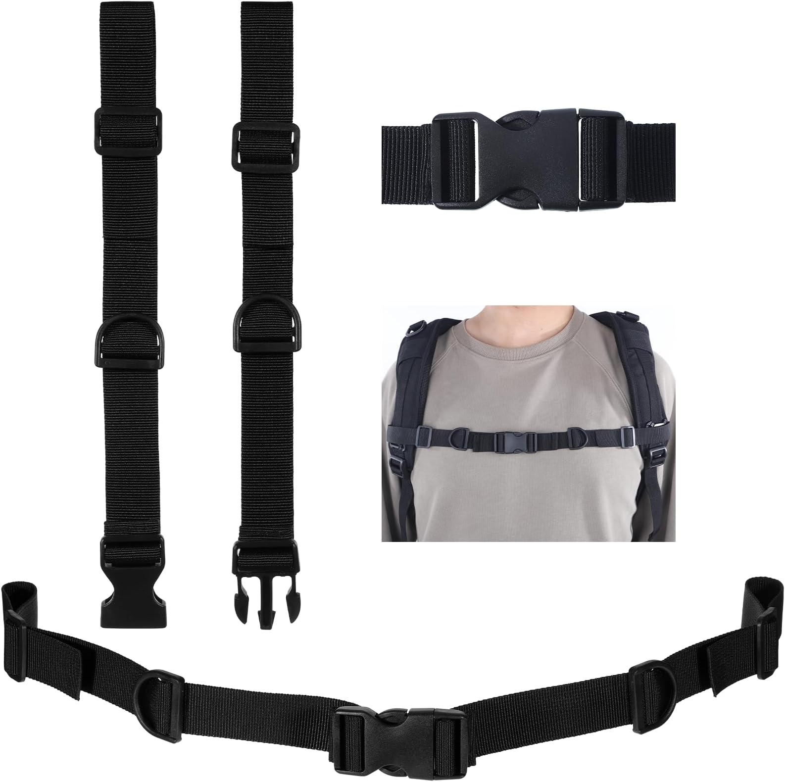 2 PCS Backpack Chest Strap Add on, Heavy Duty Adjustable Clip Extenders for Hiking Backpacks, Sternum Straps Chest Belt with Quick Release Buckle for Jogging Daily Outdoor Use (Black)