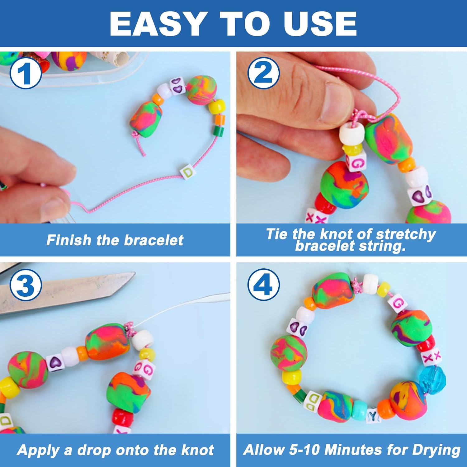 Jewelry Bracelet Glue for Elastic String Knot,2 Pcs Clear Clay Beads Glue for Bead Charms, Punctuation Beads, Jewelry Bracelet Making Supplies Kit for Plastic Bracelet Stretchy Cord (100g) - Image 4