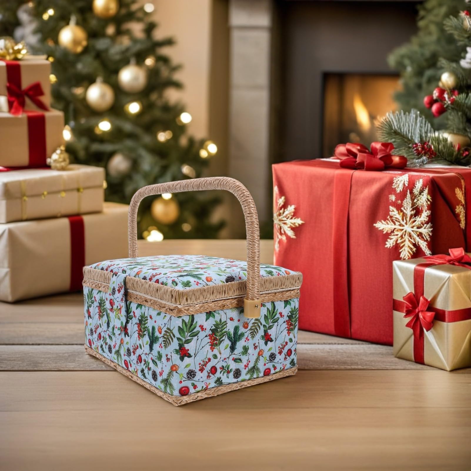 Mipcase Caja Organizadora de Costura Diseño Navideño, Gran Capacidad, Bordado Elegante y Diseño Portátil para Uso en Casa y Viaje