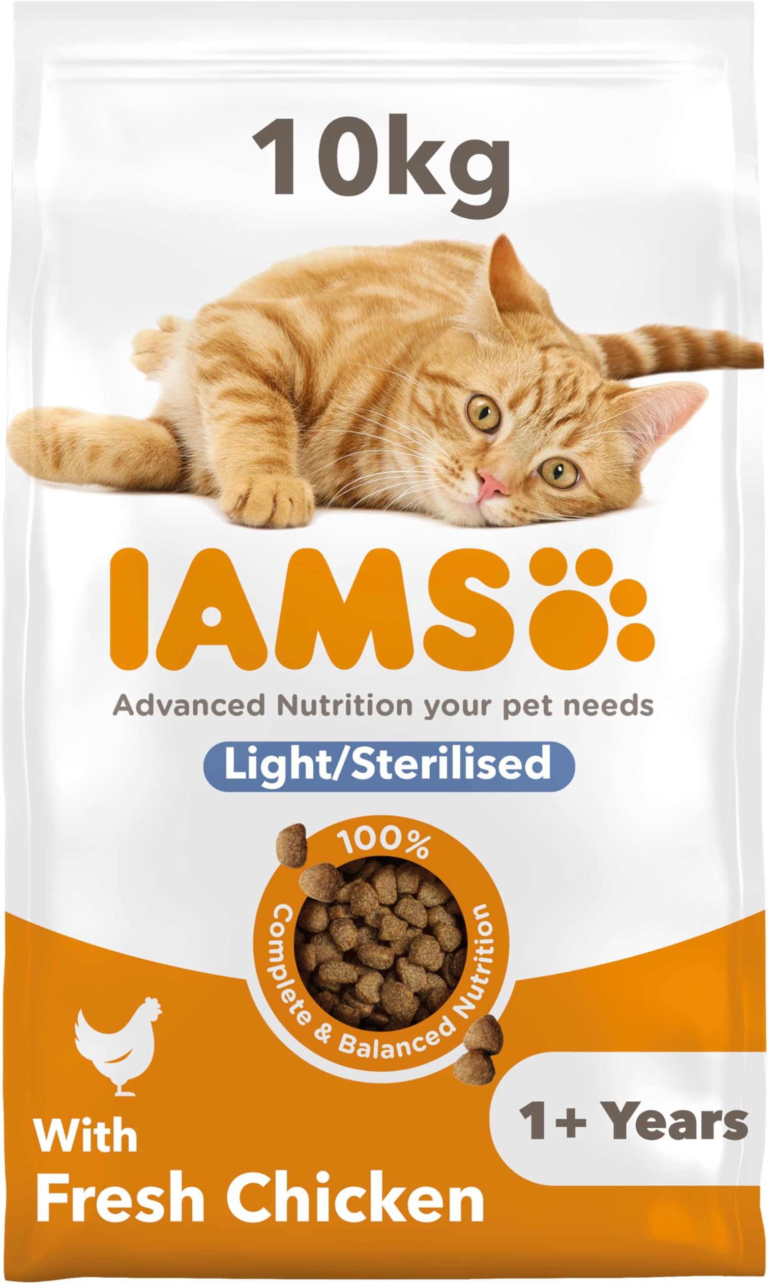 IAMS Light in Fat Dry Cat Food Chicken 10kg - Advanced Nutrition Cat Food - Ages 1+ Years