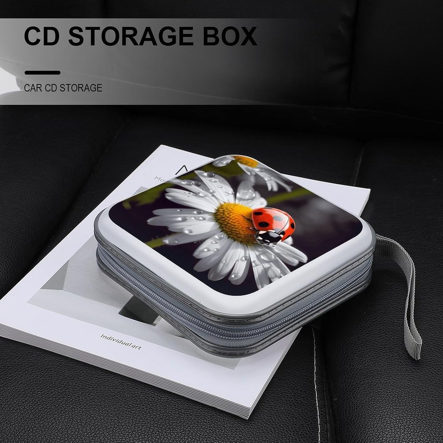 Ladybug on Daisy Flower CD Case Binder for Travel Car DVD Storage Box with Handles Fashion DVD Storage Case Cover CD Storage Binder for Movie Music Audio Disks 40 Disc Units