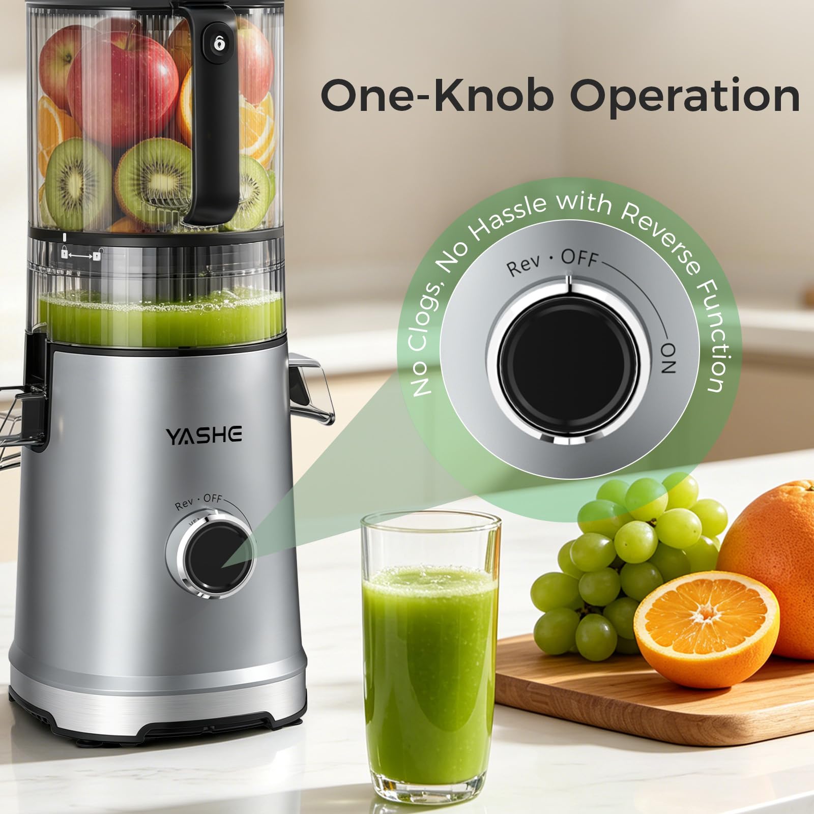YASHE Sokowirówka, 600 W Slow Juicer z bardzo dużym otworem wlotowym 150 mm ze stali nierdzewnej, wyciskarka do całych owoców i warzyw, sorbetu i mleka orzechowego, wysoka wydajność soku, łatwa do
