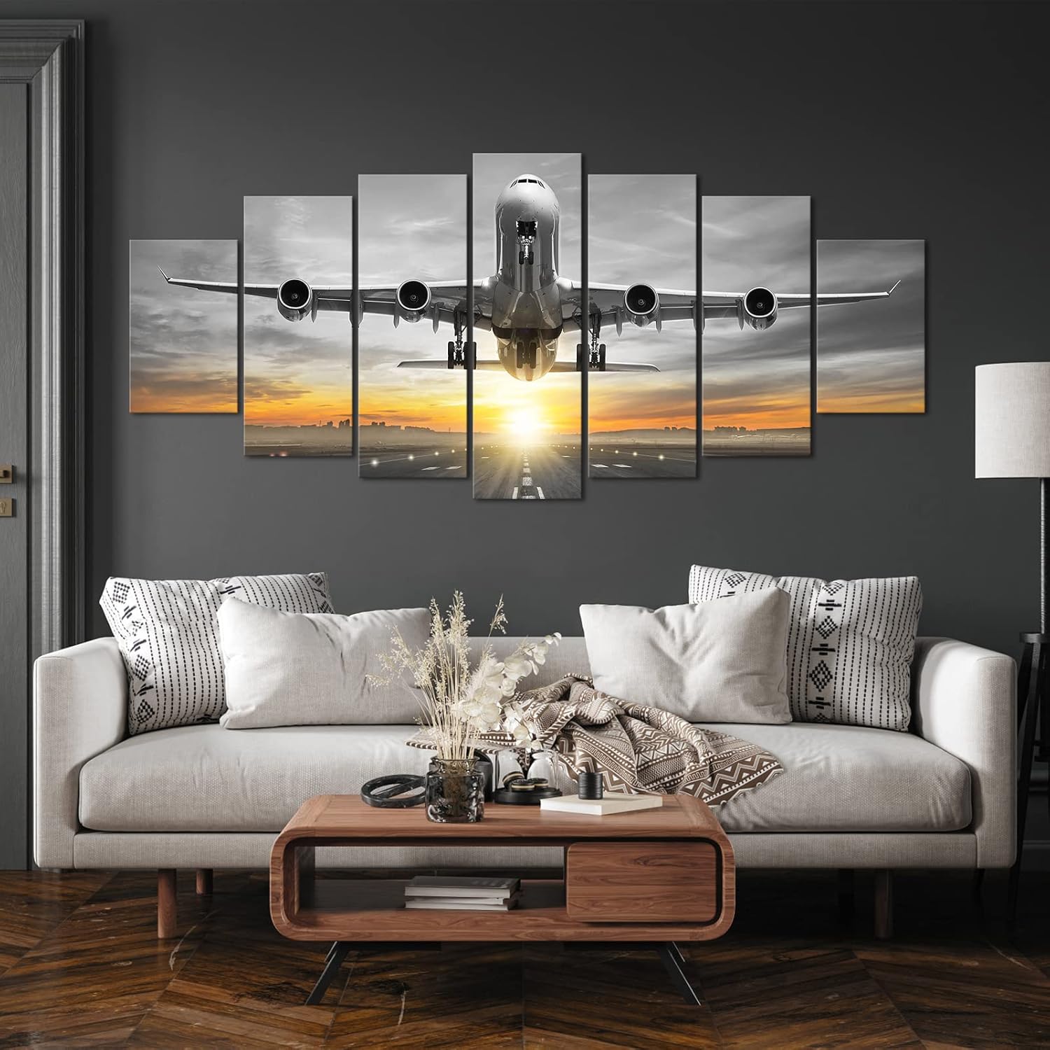 HOMEOART 7 Panels Aviation Decor Airplane Plane Flying Over Runway Canvas Wall Art Boys Room Decor Picture Framed Canvas Print Ready to Hang