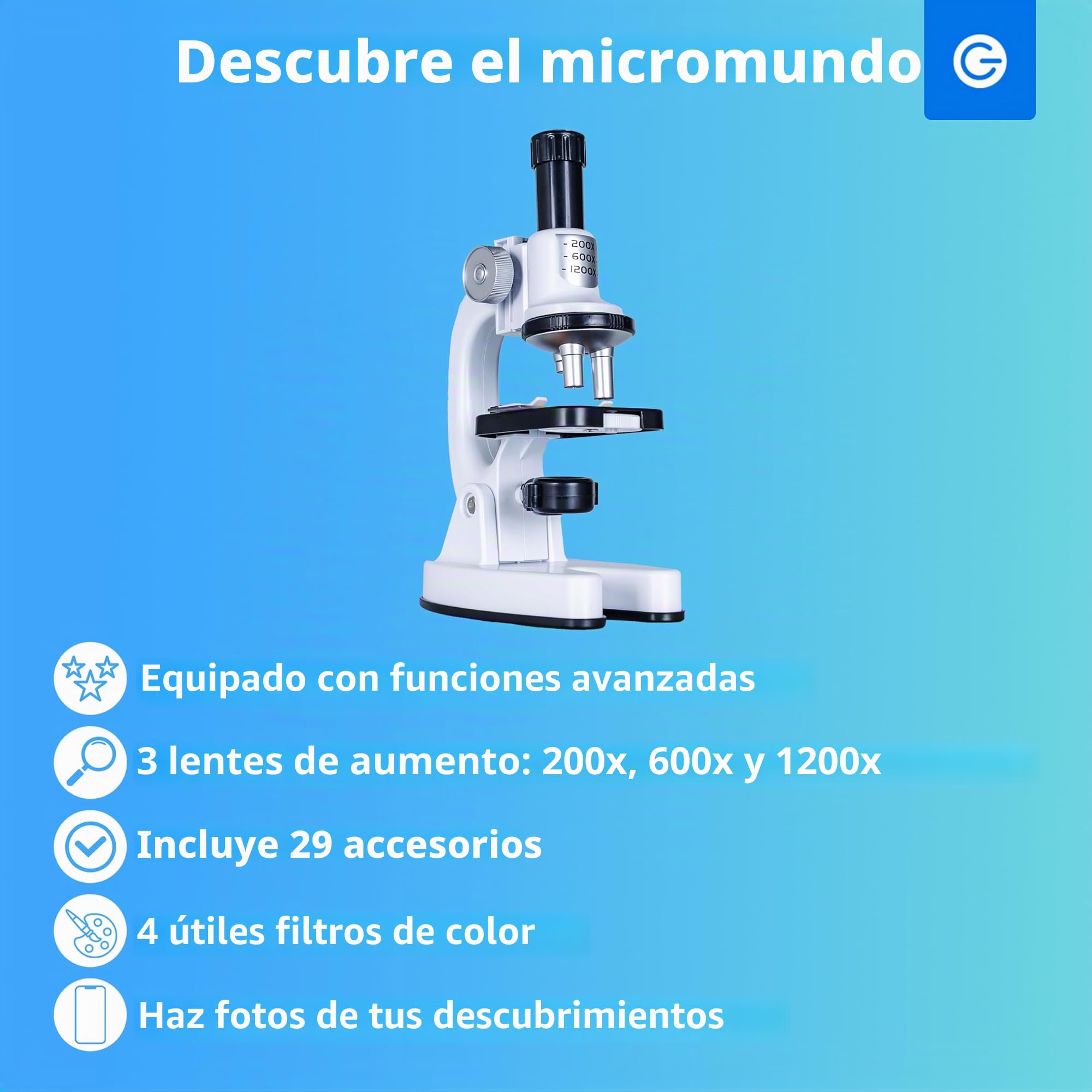 Silvergear® Microscopio Niño | Imposta Debutante | Juego Educativo | Tamaño de 200x, 600x y 1200x | LED | Microscopio Profesional para Biología | Incluye 29 Accesorios | 14x8x22 cm | Blanco