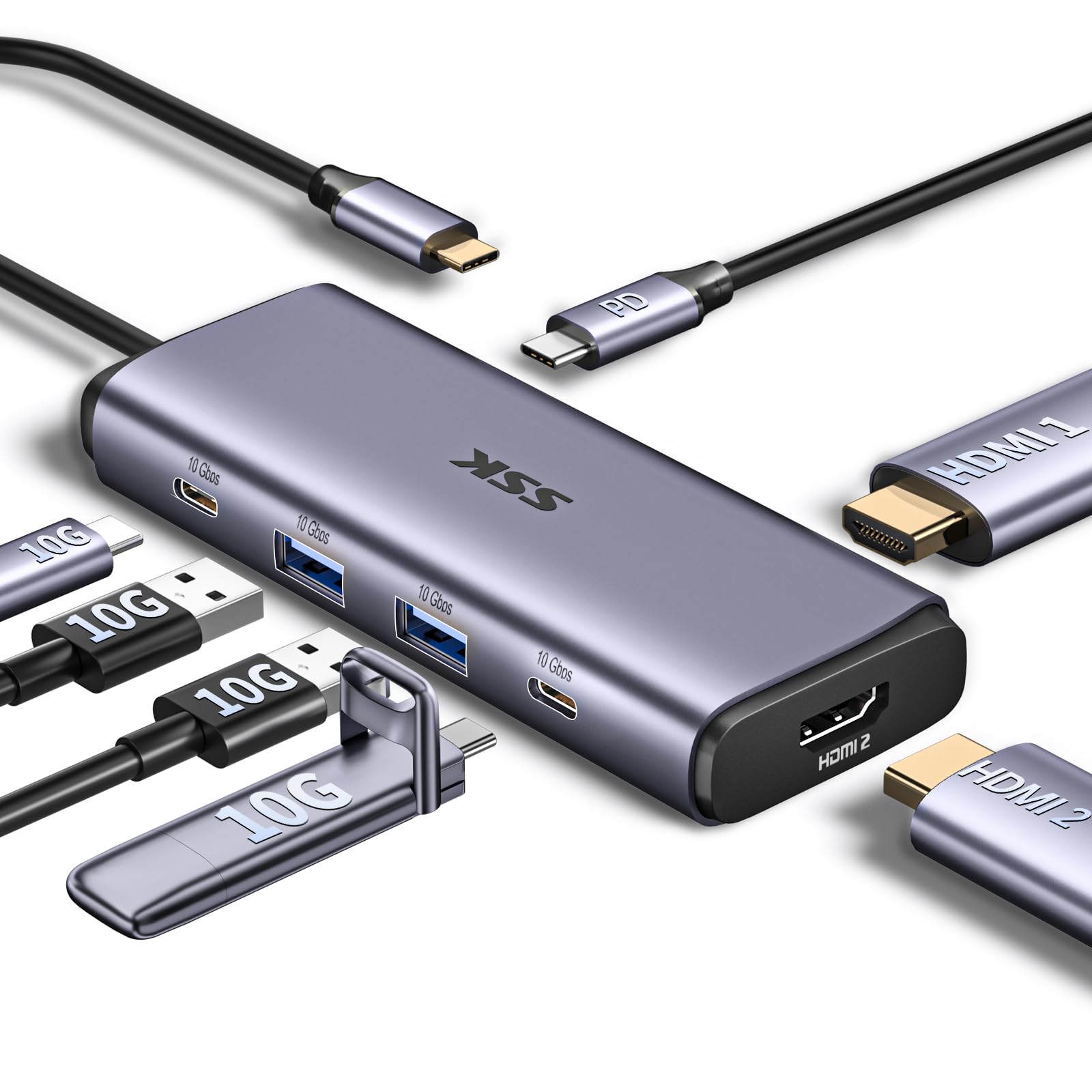 SSK USB 3.2 Hub connected to a laptop with multiple peripherals