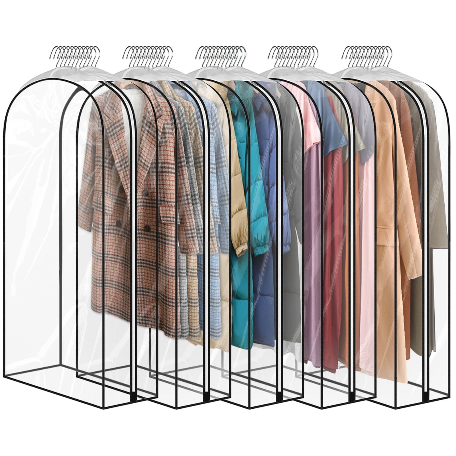 5 Pack 60" All Clear Garment Bags for Hanging Clothes Storage, 10" Gusseted Large Capacity Garment Rack Cover, Large Hanging Clothing Bag for Dress Gowns, Coats, Suit, Down Jacket
