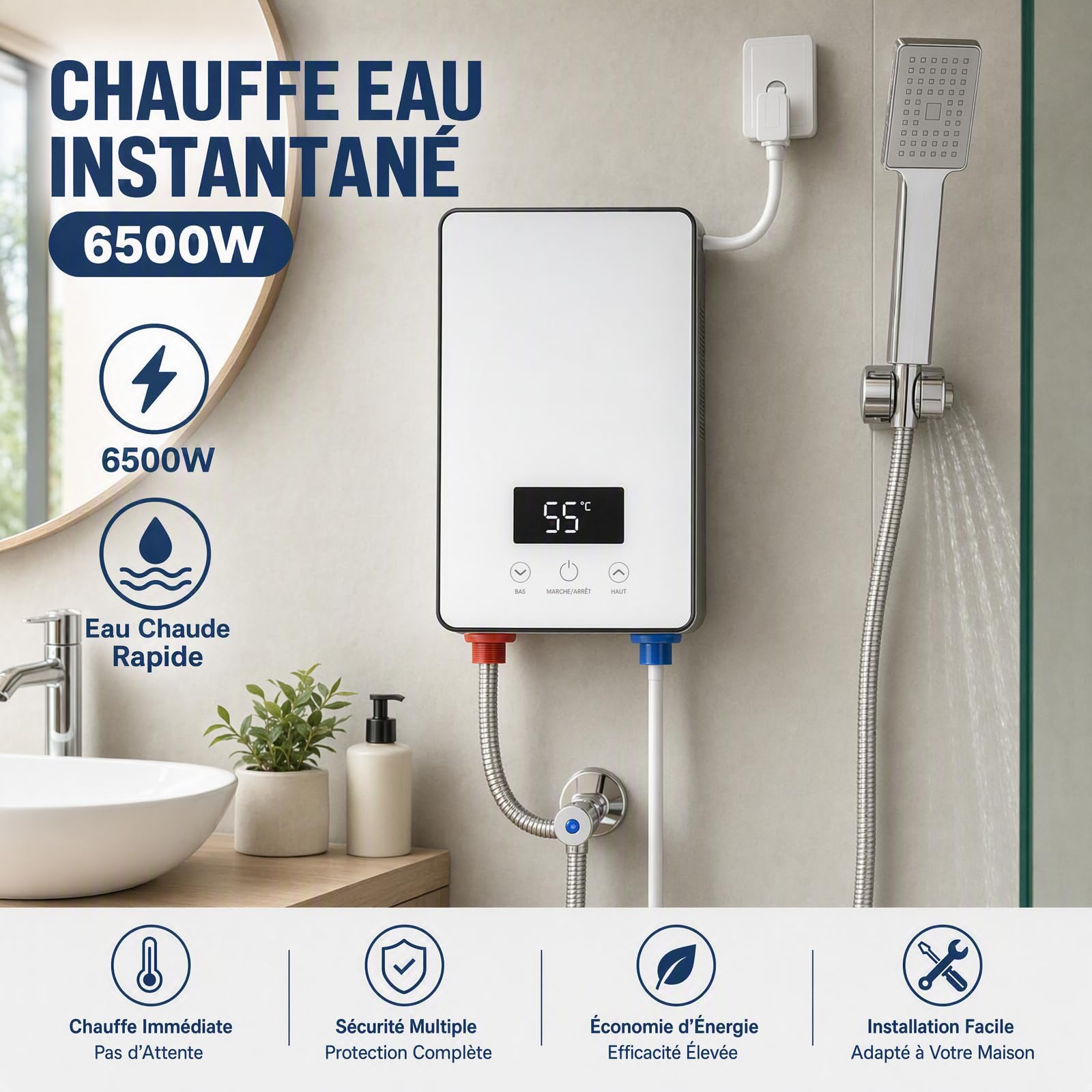 Calentador de agua caliente instantáneo IPX4, 6500 W, 220 V, set de ducha, calentador de agua caliente sin depósito, kit para baño, cocina