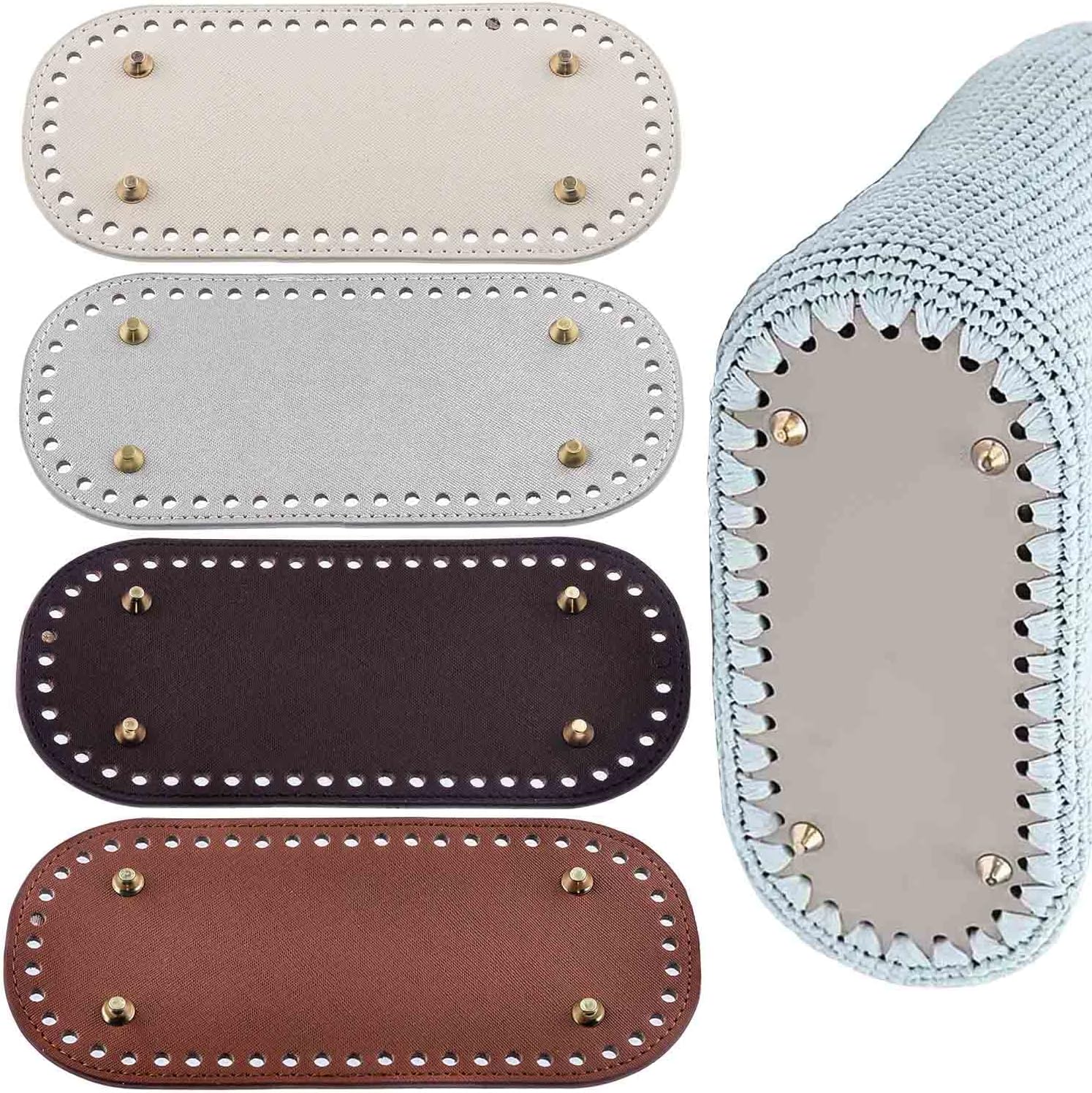 Bag Bottom 4 Pieces Crochet Bag Bottom Bag Mat Bottom Hook Oval Bag Bottom PU Leather Base Bag Hook for Handmade Woven Crochet Bag DIY
