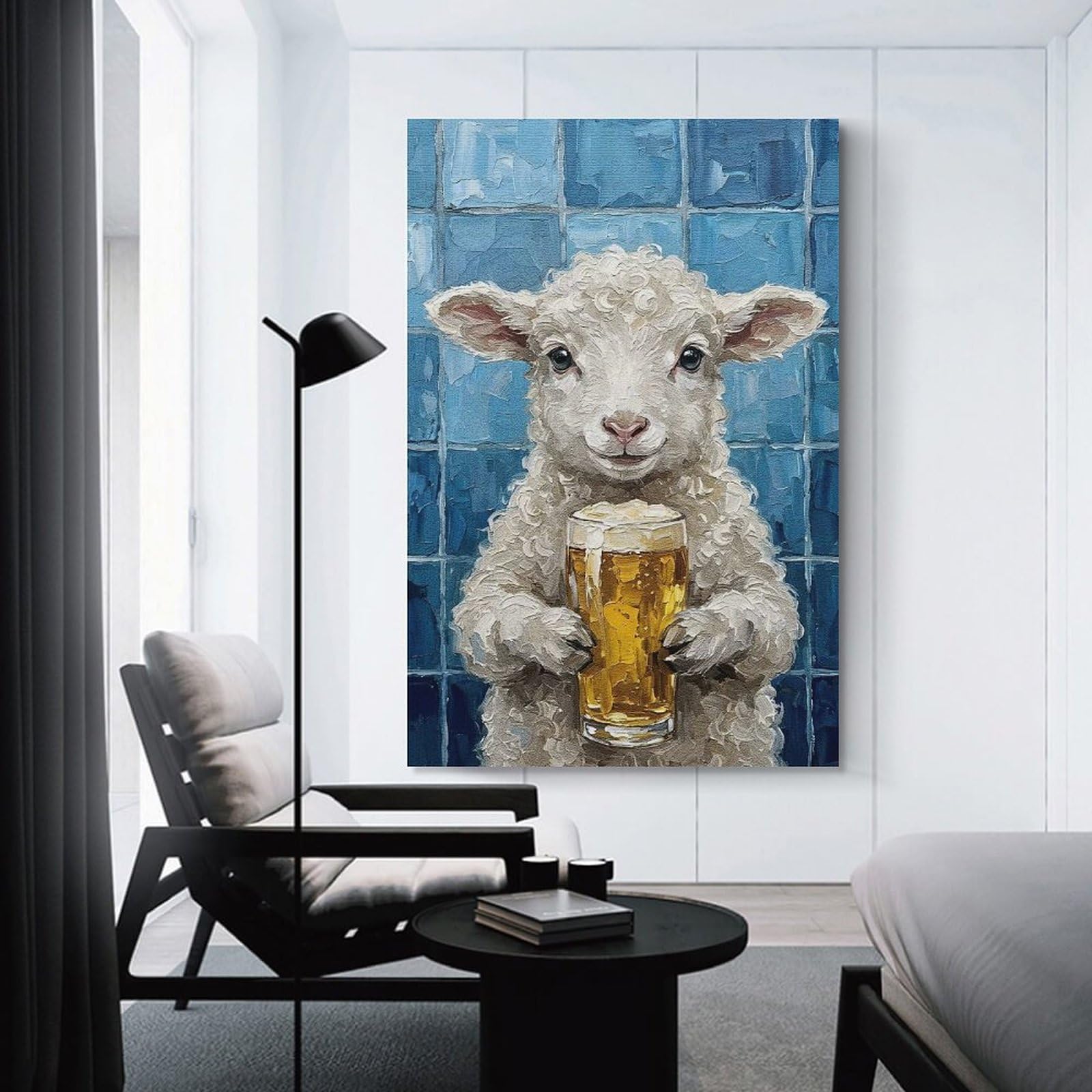 Junmoney Unframe-Style-6 Canvas Art Print Lamb With Beer Painting, 20X30inch(50X75cm), For Office, Study Or Home Workspace, Wall Art That Adds Style To Work Areas