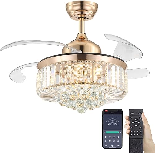 Siljoy Ventilador de techo retráctil con control remoto de luz, moderno ventilador de techo de cristal dorado, 3 vías regulable de 6 velocidades de