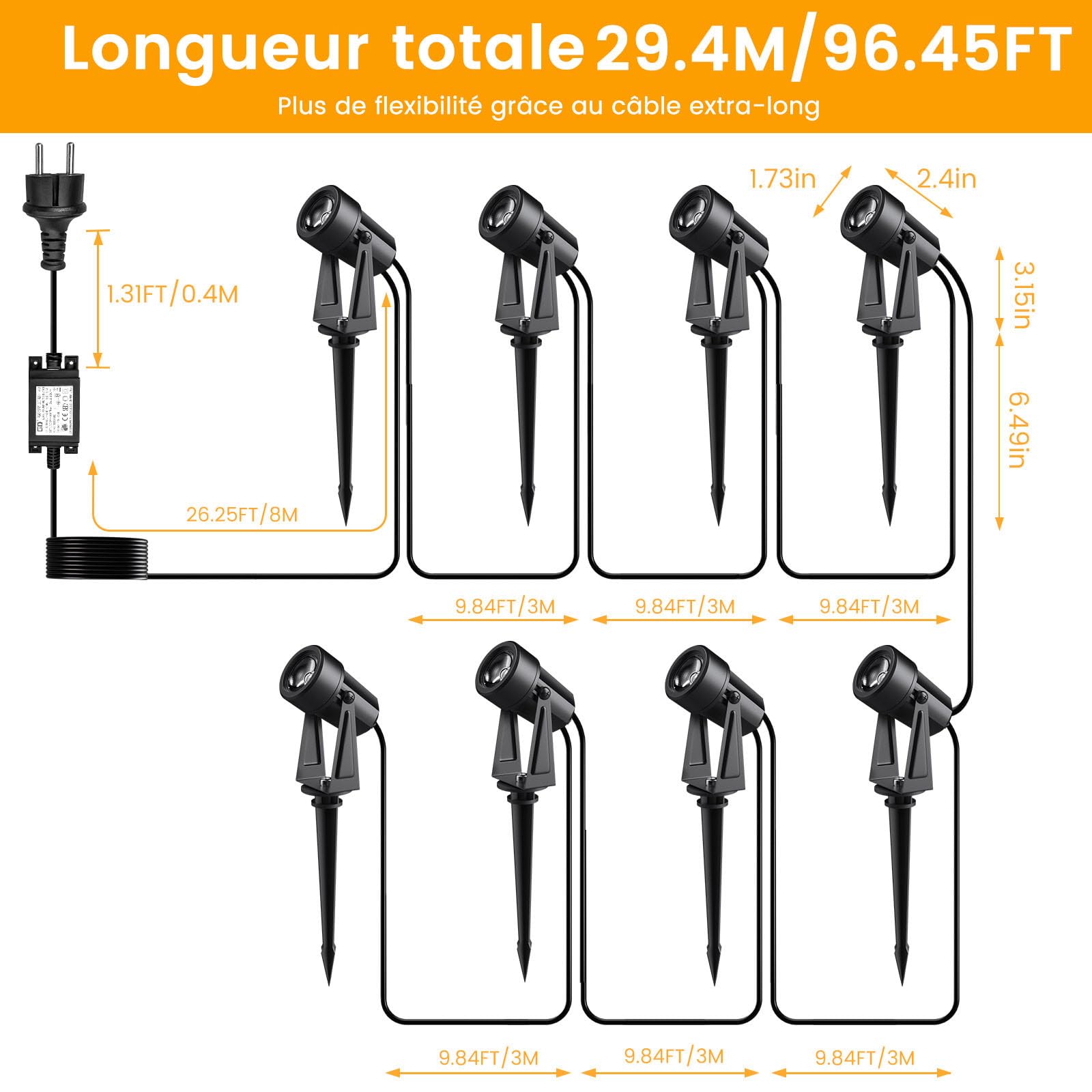 Spot LED Extérieur 26M, 3W×8 Projecteurs Extérieurs Imperméables IP65, 27V Blanc Chaud 3000K LED pour Pelouses, Cours, Terrasses, Maison