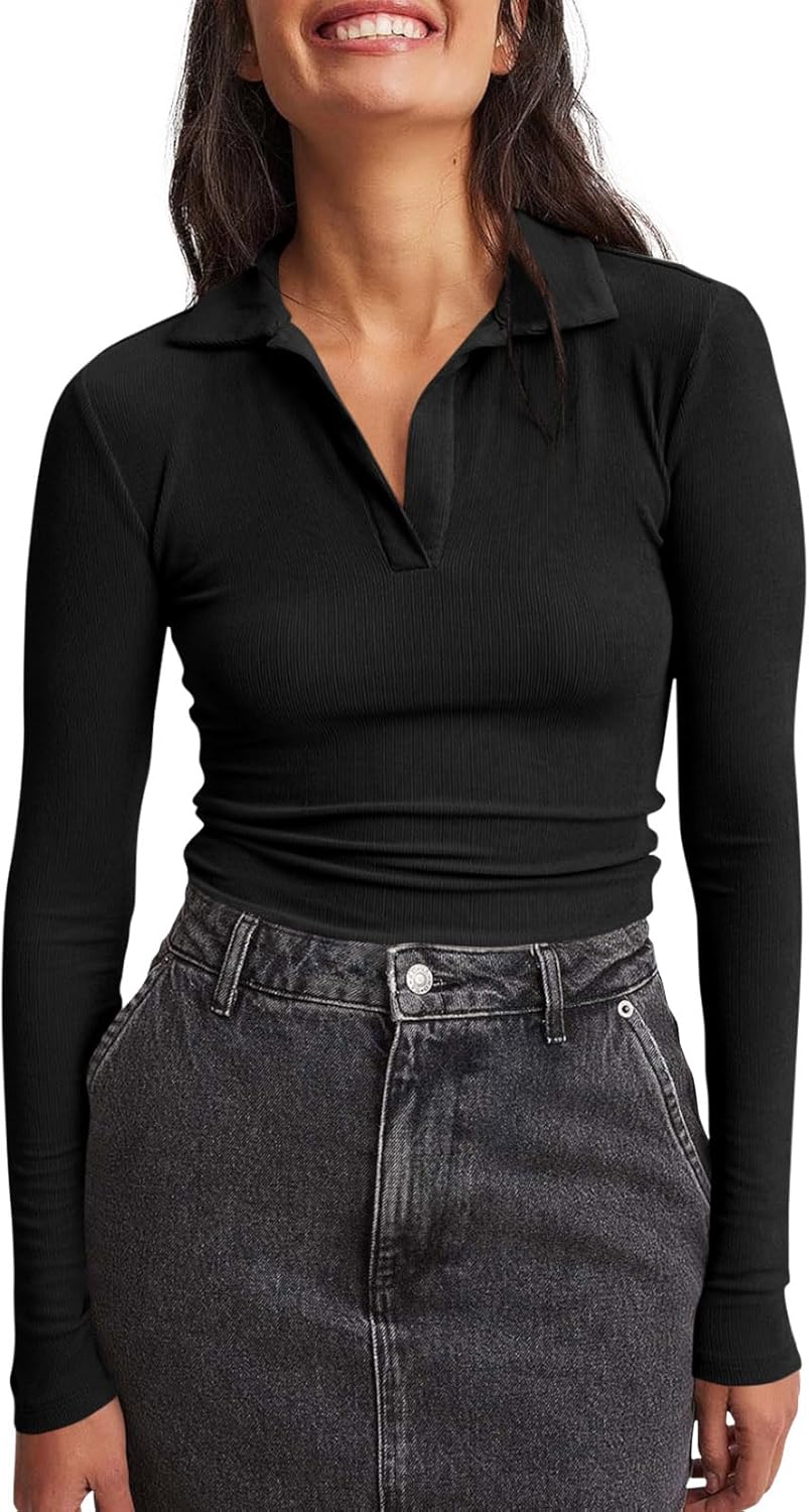 Tankaneo Womens Long Sleeve Polo Shirts V Neck Collared Work Shirt Slim Fit Ribbed Knit Basic Going Out Fall Tops Tankaneo Womens Long Sleeve Polo Shirts V Neck Collared Work Shirt Slim Fit Ribbed Knit Basic Going Out Fall Tops