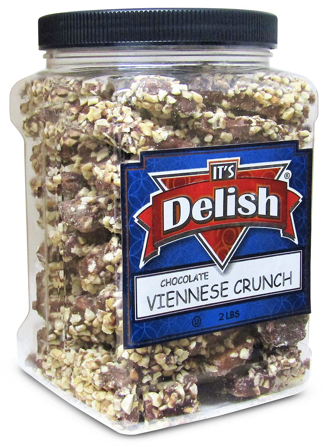 Gourmet Viennese Crunch by Its Delish – 2 LBS Jumbo Reusable Container (32 Oz Jar) – Premium Dark Chocolate Coated With Chopped Nuts Hard Candy Bulk English Toffee – Certified Kosher OU Parve