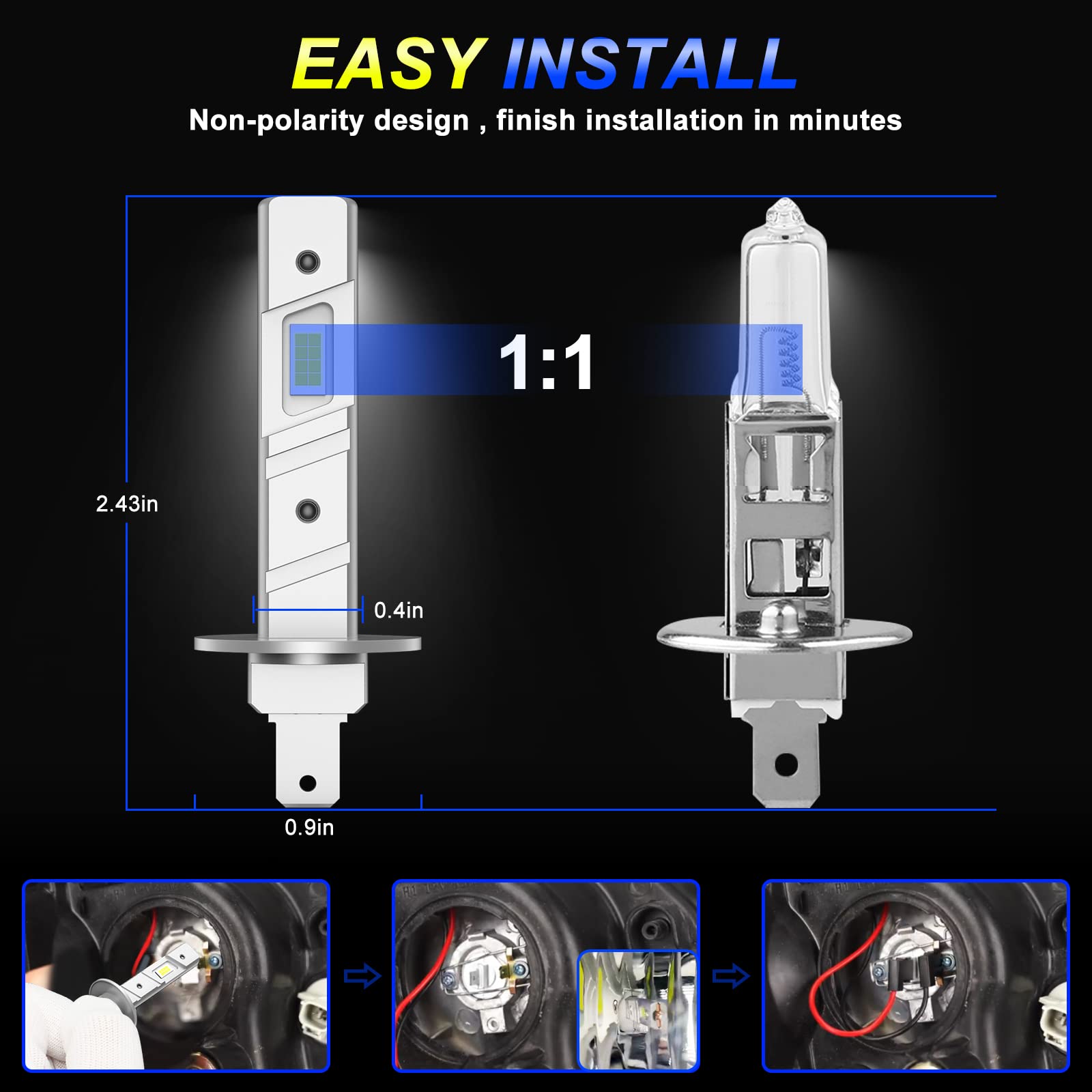 Sycreek Żarówka LED H1, 16000 LM 6500 K, wyjątkowo jasna, biała, reflektor LED, wodoodporna IP68 All-in-One zestaw do konwersji Plug and Play, 2 żarówki H1