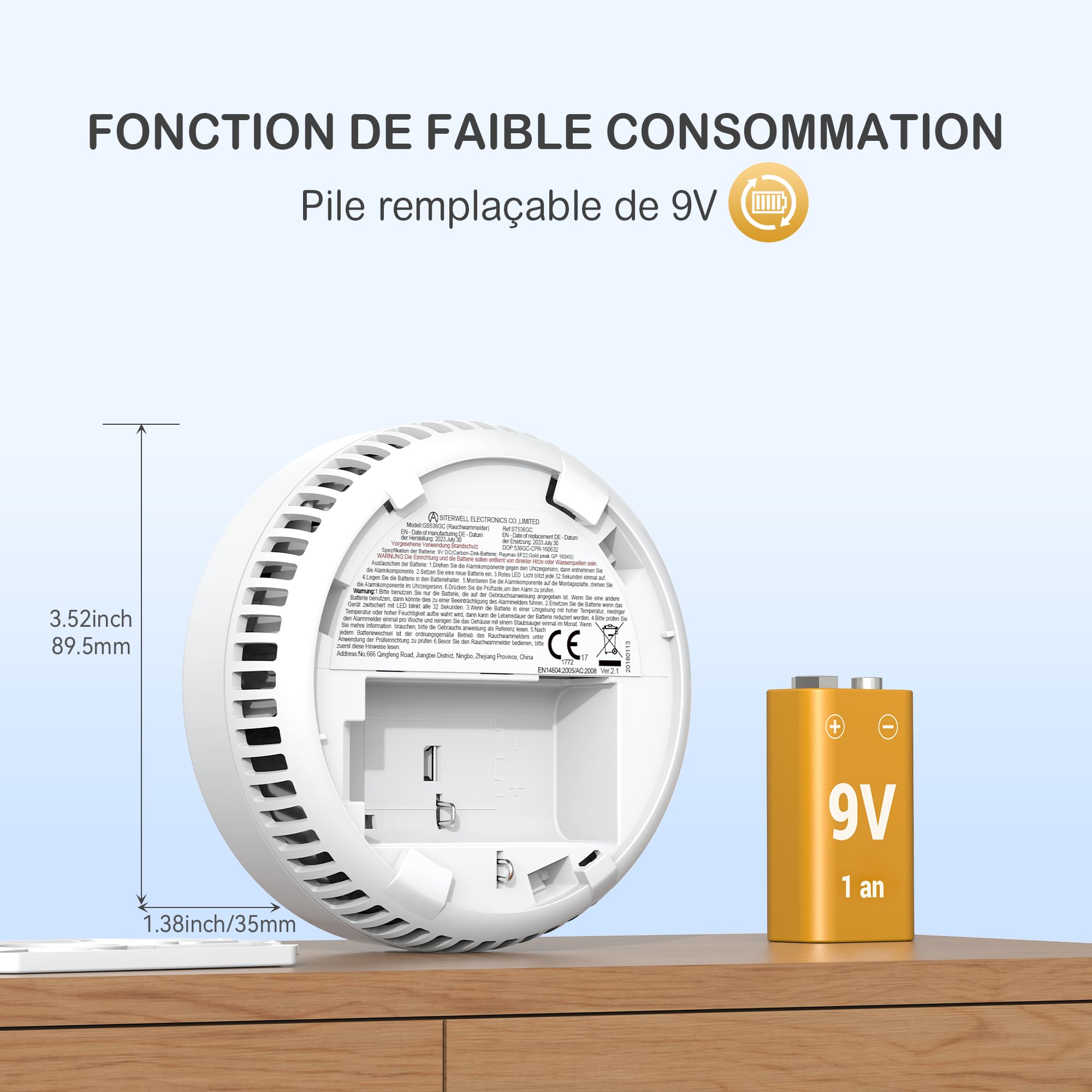 Détecteur de Fumée Pile remplaçable, GS536GC Alarme Incendie, Capteur Optique, Conforme à la Norme européenne EN14604, Lot de 4