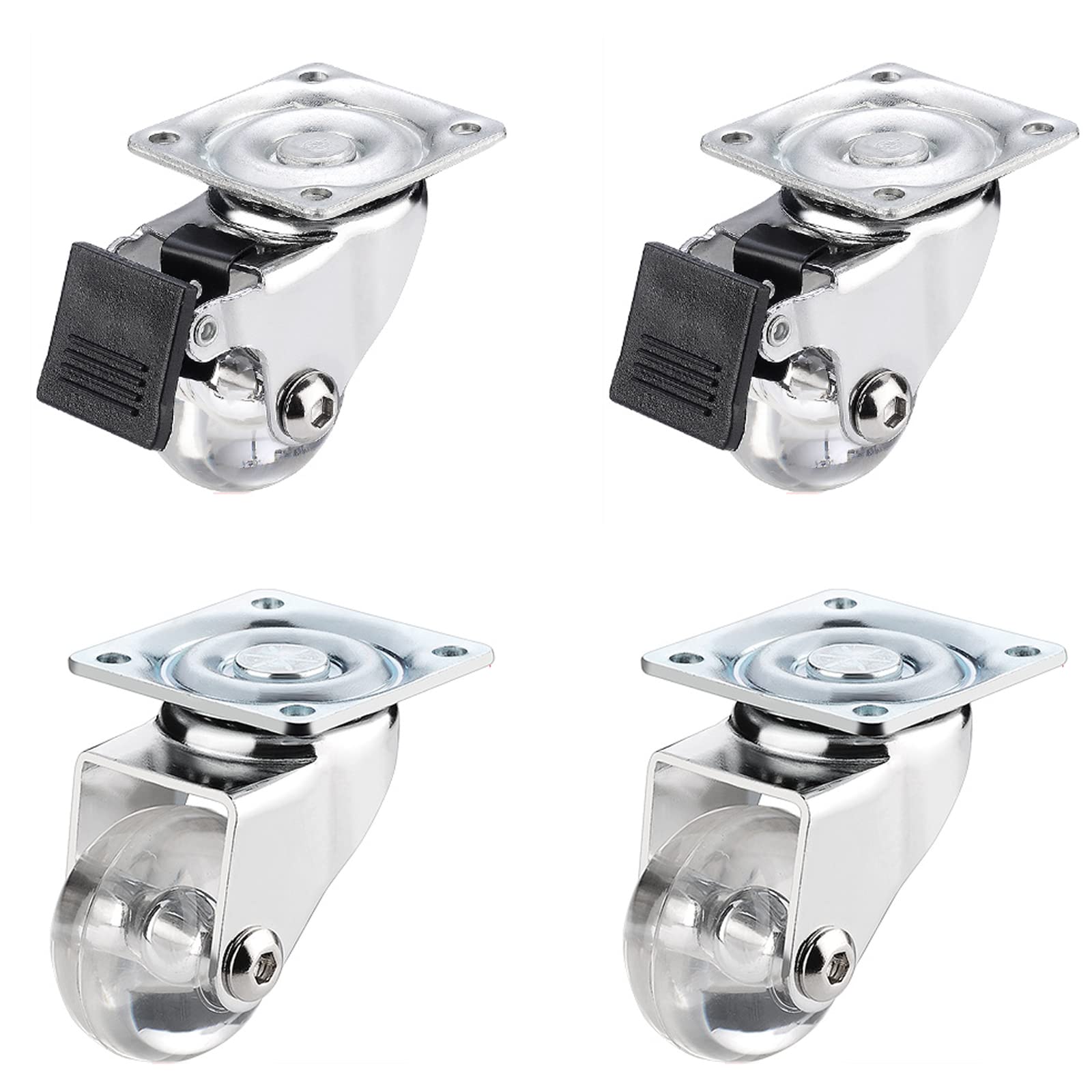 Roulettes pivotantes transparentes pour meubles de 35 mm avec roulement à billes et plaque vis
