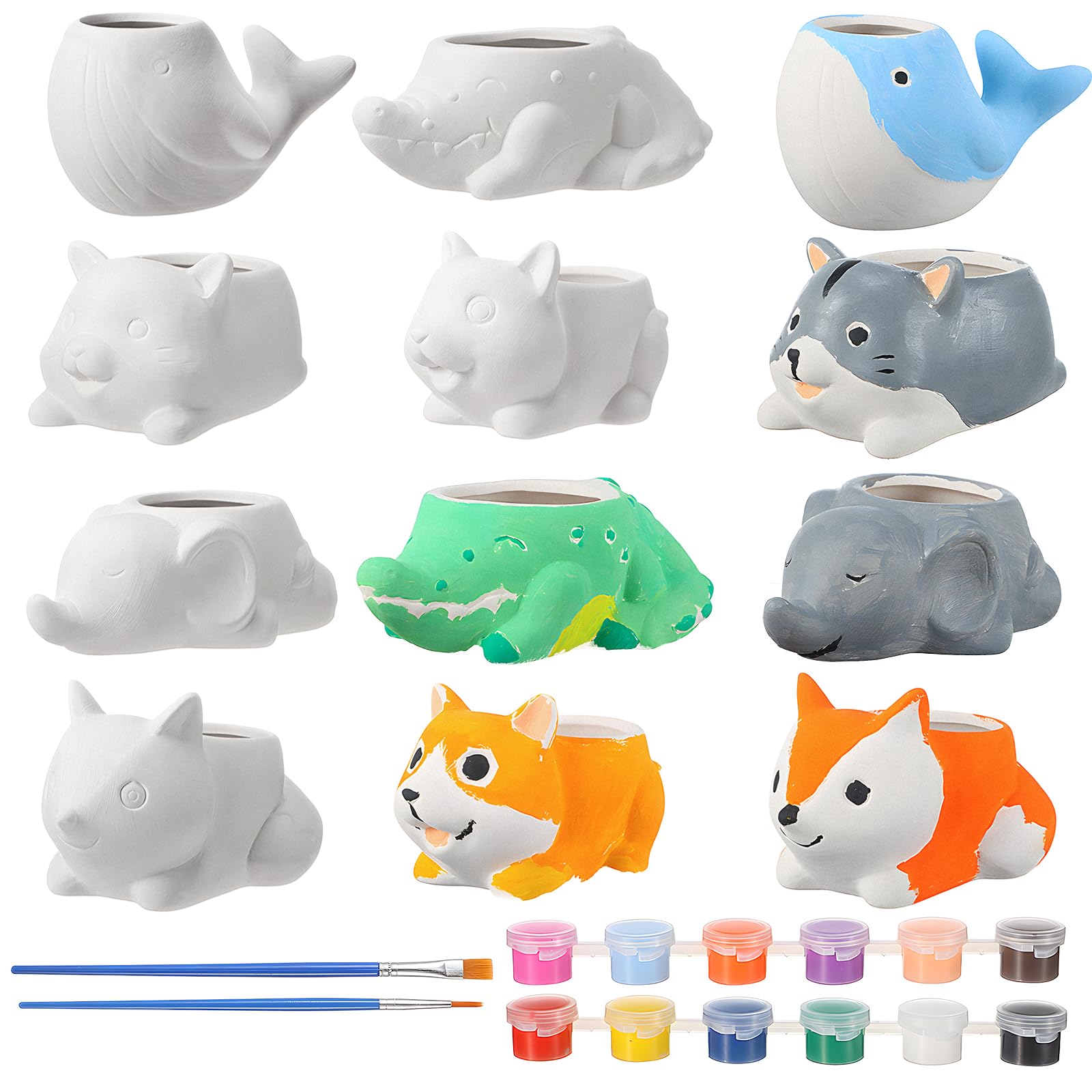 Sunnychicc 6 Sets 5.5 x 2.7'' DIY Ceramic Animal Succulent Pots Paintable Animal Ceramic Flowerpots with Drainage Hole Unpainted Bisque Ceramics Ready to Paint for Kids Adult Art Craft