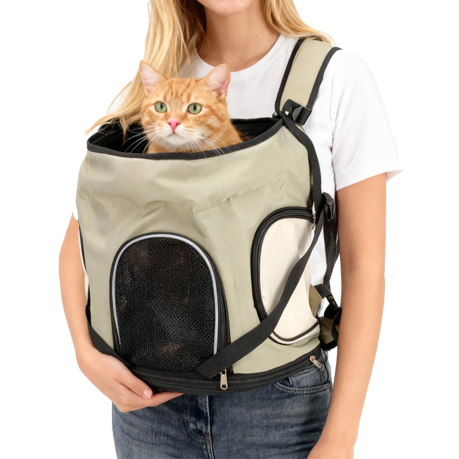 Dog Front Carrier for Small Cat Puppy, Carriers Dogs Backpack Travel Hiking Waterproof Lightweight Pet Bag Padded Bottom Mat Zip with 2 Pocket Machine Washable Comfortable Suitable 8-19 Pounds Cream