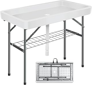 Ice Cooler Table with Skirt and Drainage, 440LBS Folding Ice Bin Table with Shelf and Handle, HDPE Party Drink Station for Wedding, BBQ, Camping, Outdoor Events