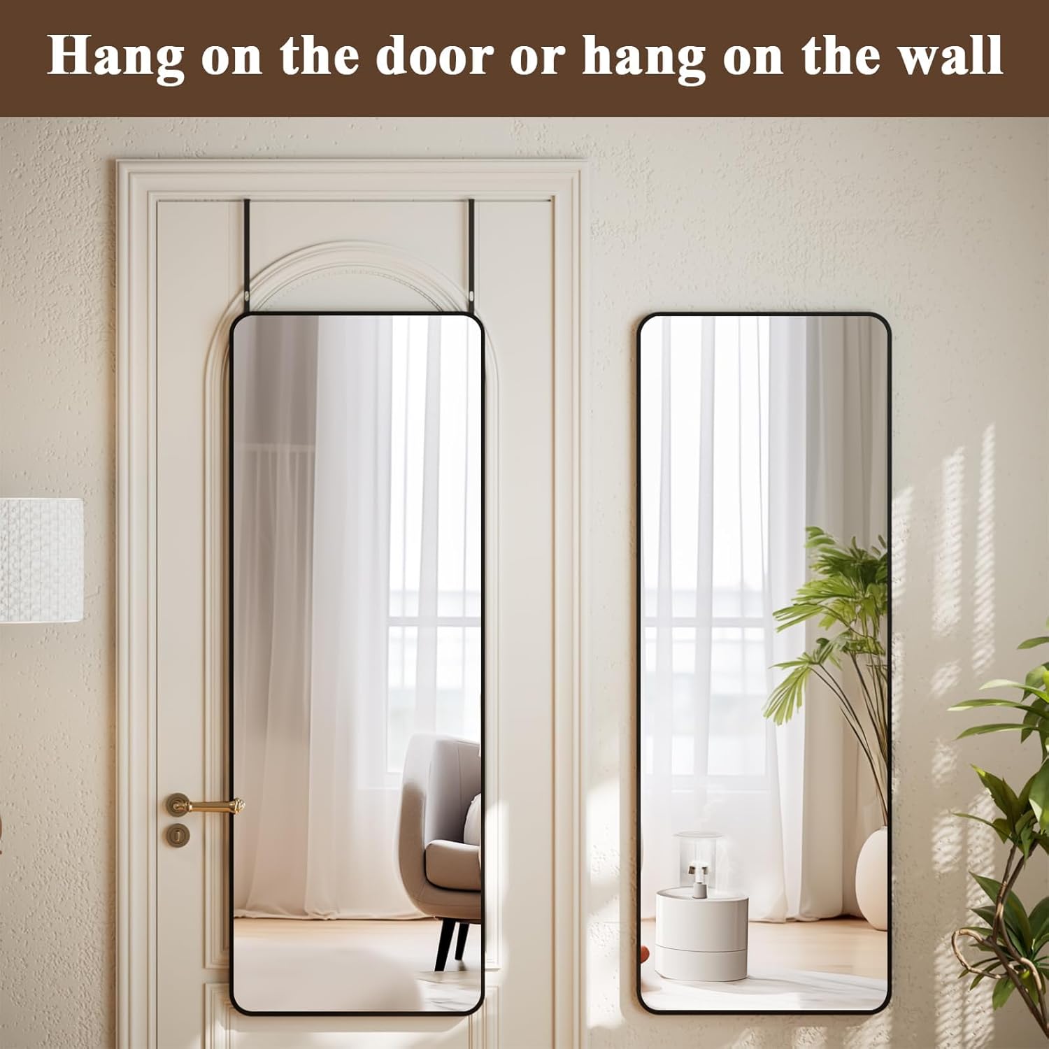 VooBang 14"x48" Full Length Over The Door Mirror - Aluminum Alloy Frame Full Body Mirror with Height-Adjustable Hangers, Hanging Leaning Against Wall for Dorm, Black - Image 3