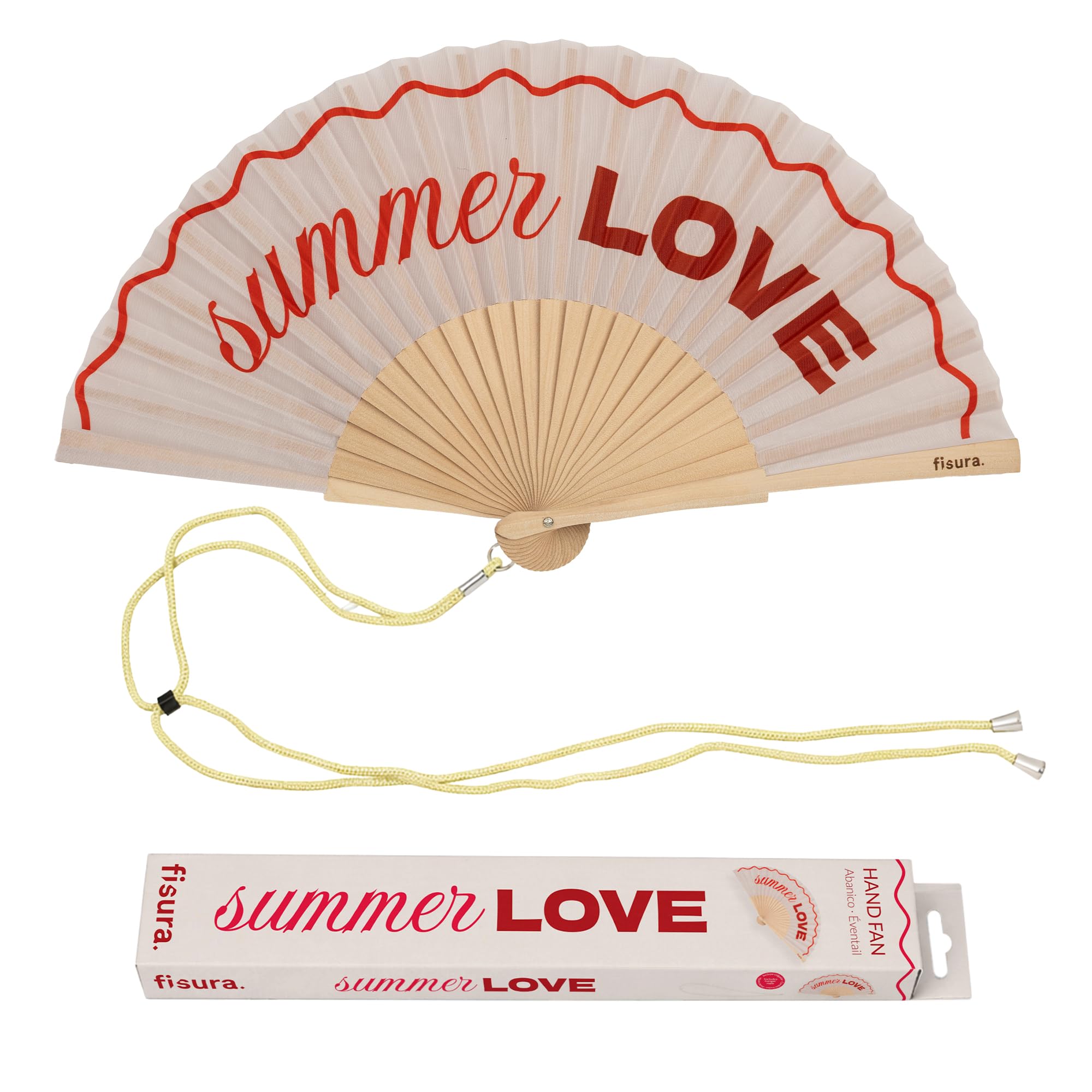 Fisura Original fan with message "Summer Love" - Modern and colourful wooden fan - red hand fan - hanger included - funny gift idea - 42.5 x 23 cm