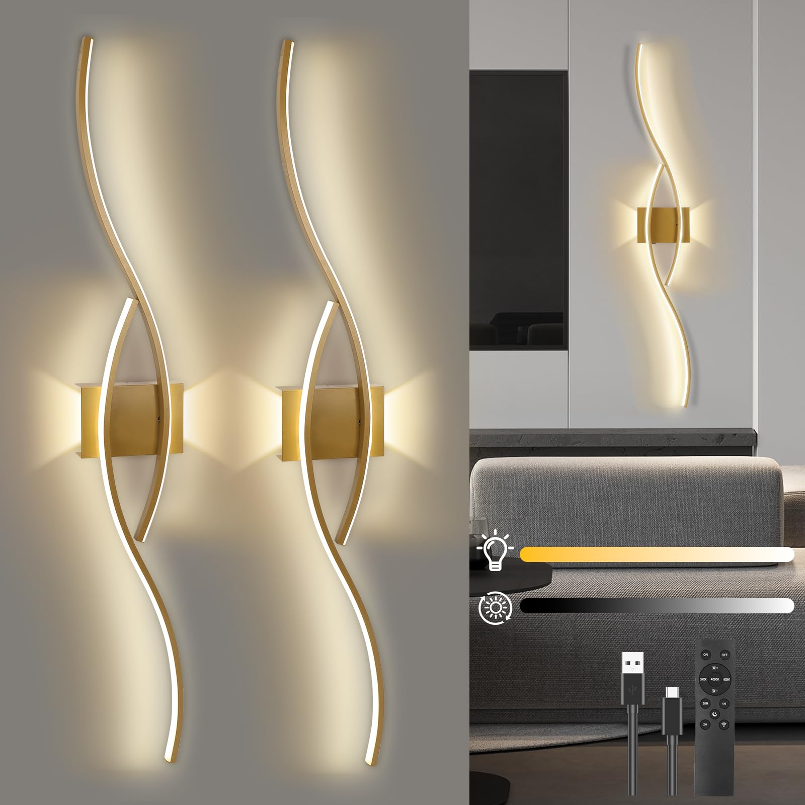 2 Stück LED Wandleuchte Innen mit Akku und Fernbedienung, Modern Wandlampe mit Dimmbar&Timing-Funktionen, Kabellose Wandleuchte für Wohnzimmer Schlafzimmer Flur Treppen