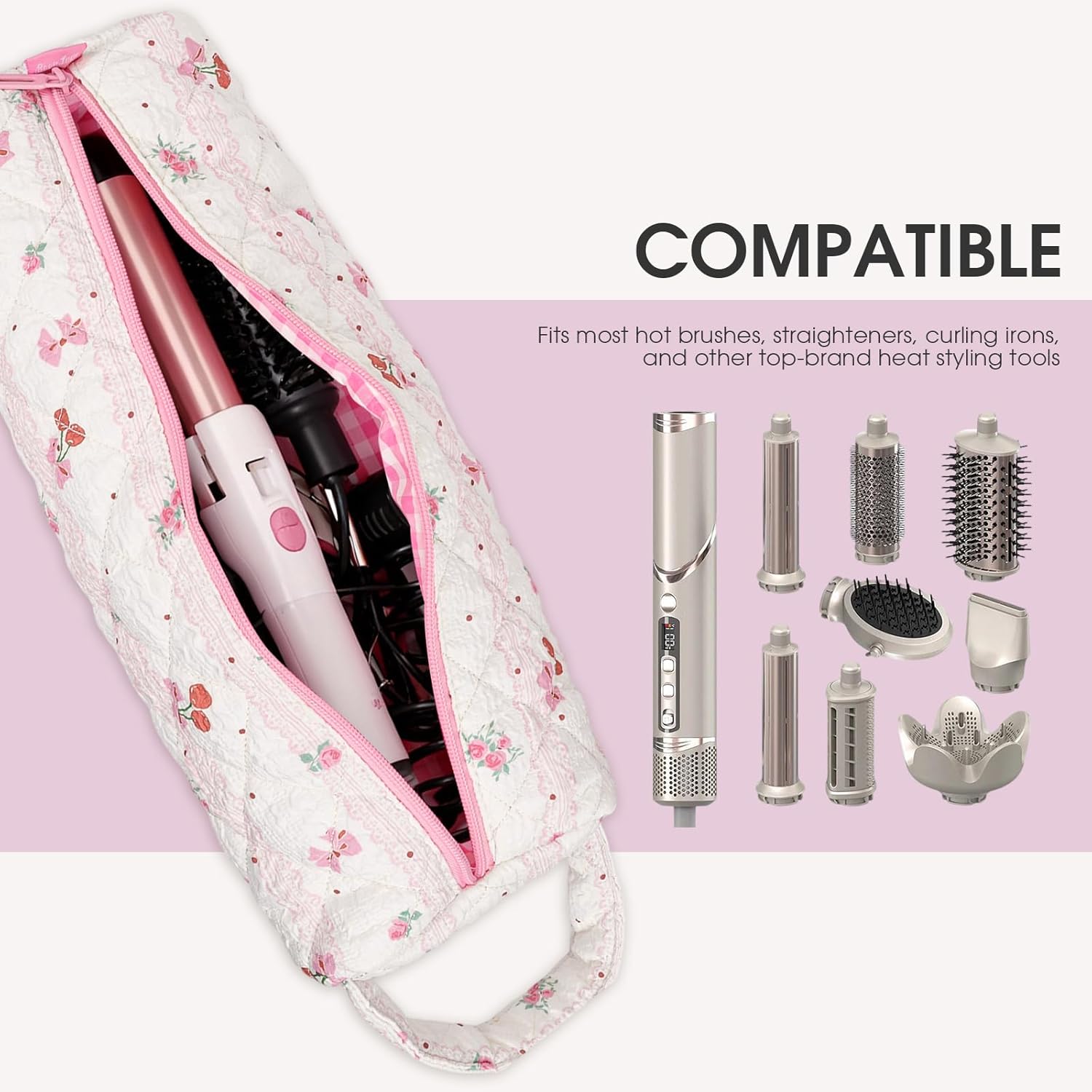 Hair Tools Organizer Bag with Cherry Pattern for Curling Irons, Flat Irons, Hair Dryers and Styling Tools, Portable Pink Travel Case, Haircare Accessories Travel Essentials(14" x 3.1" x 4.9") - Image 4