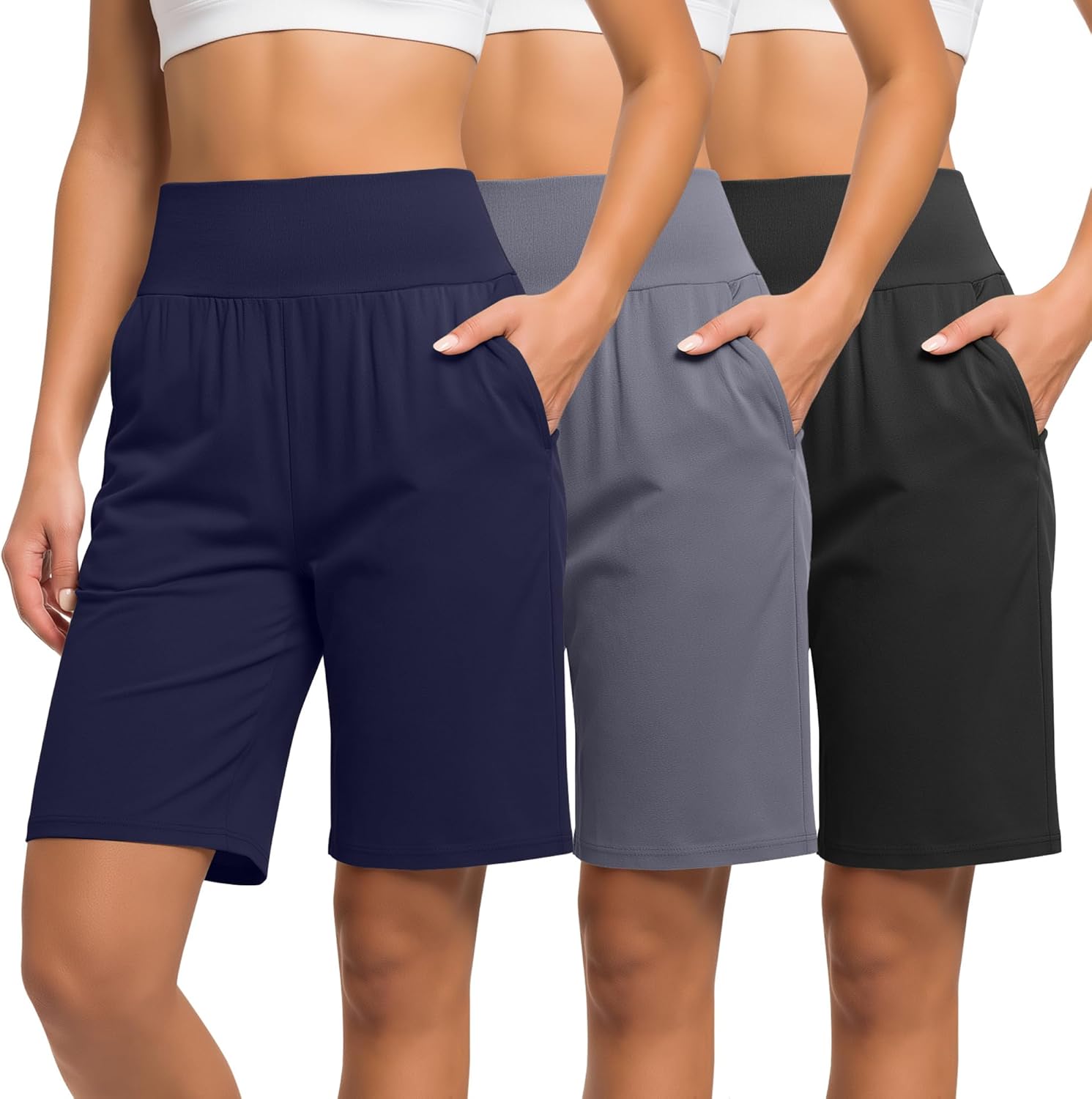 Neer 3 Pack Women's Bermuda Shorts, High Waist Cotton Stretch Casual Bottoms Knee Length Summer Athletic Short with Pockets(Black, Gray, Navy Blue,X-Large)