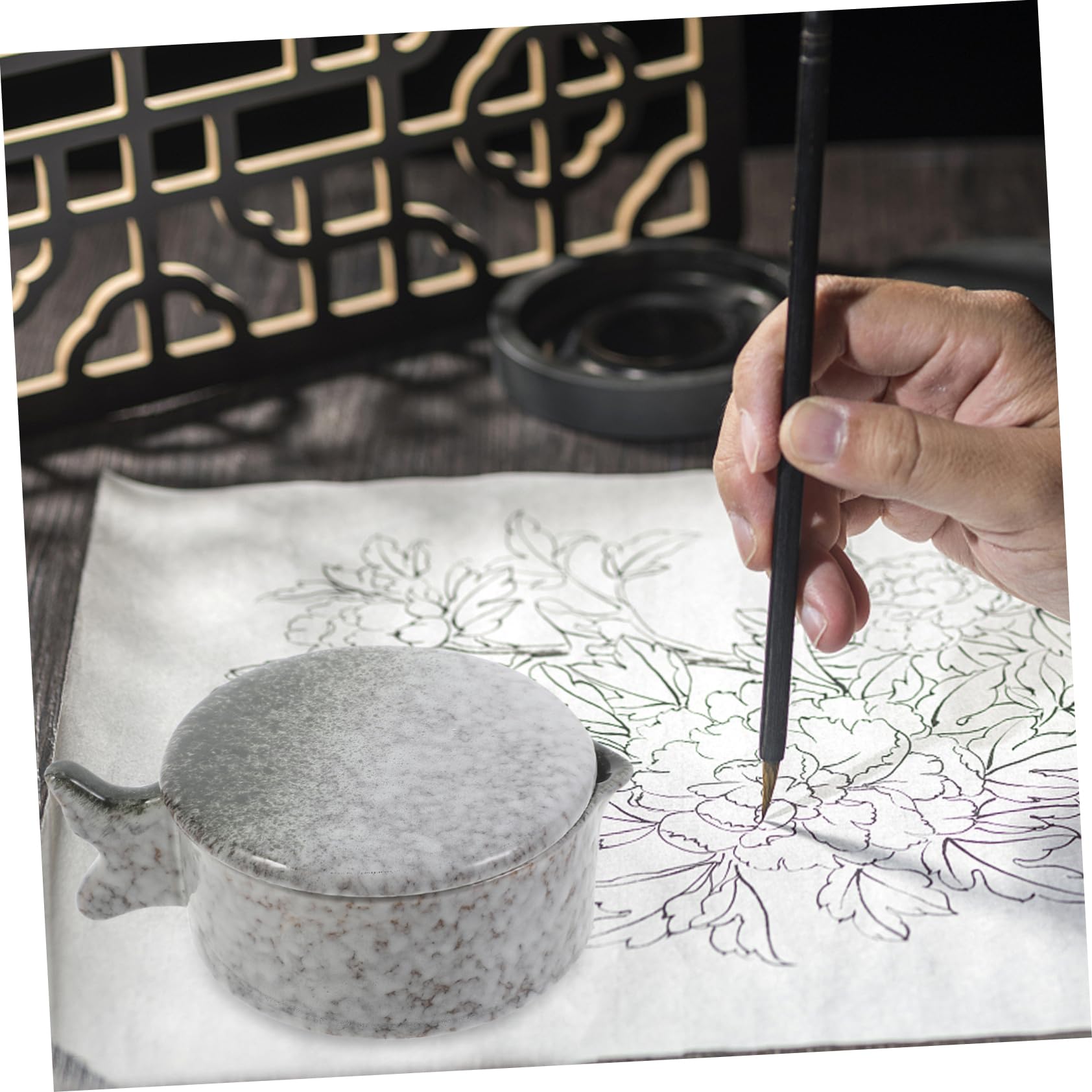 STOBOK Chinesische Malerei Tusche Teich aus Keramik mit Deckel Praktisches Kalligrafie Tintenfass mit Stifthalter und Griff Kreatives Design für Traditionelle Tuschemalerei