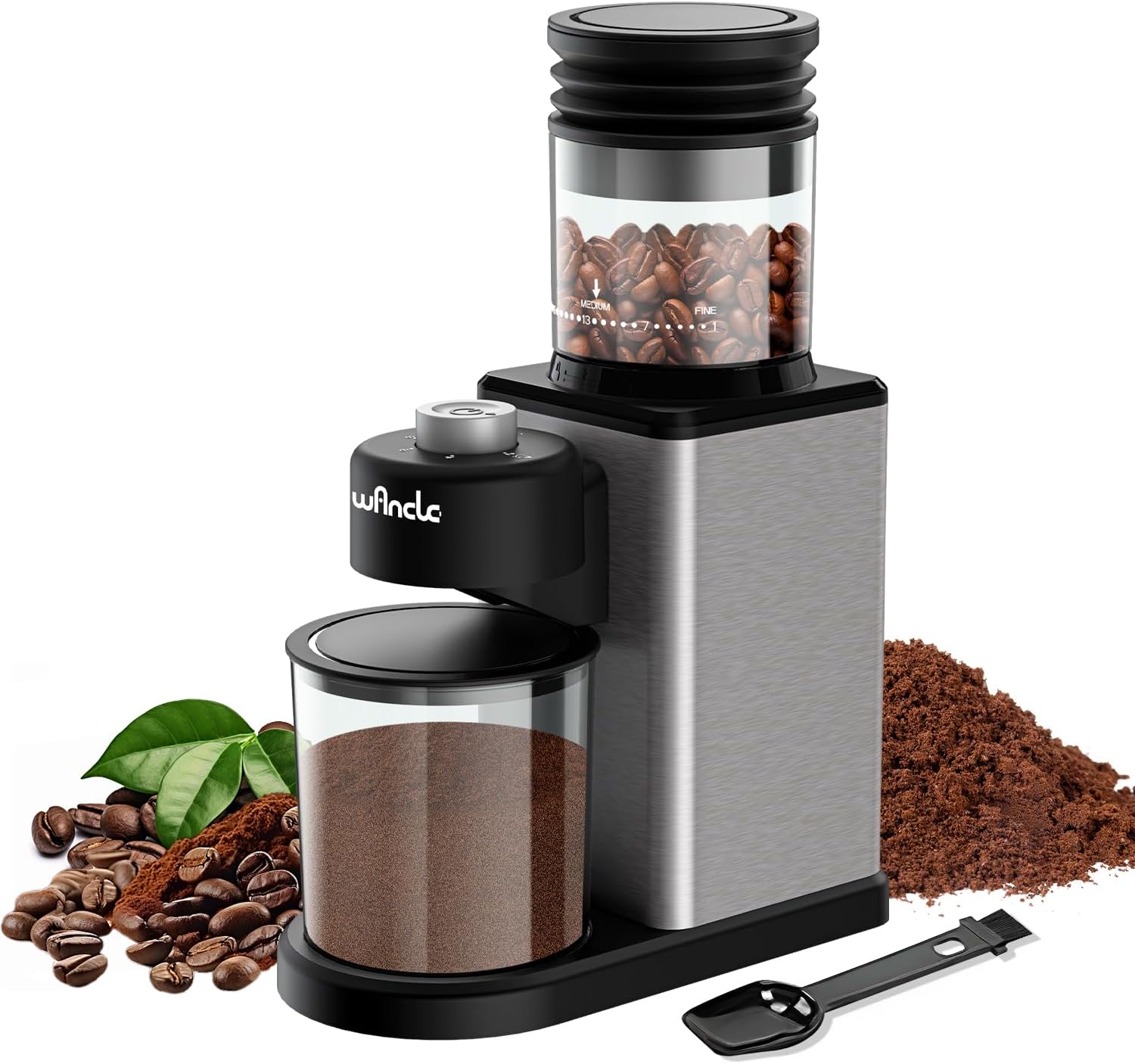 Wancle Conical Burr Coffee Grinder - 25 Settings for Espresso, Drip, French Press - Anti-Static, Powder Blower, Stainless Steel